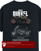 Cinematic back background mockup of LUUM Ducati Performance: Diavel tee, emphasizing storytelling and collector’s edition vibe. Part of DailyPrints Collection. Belief. Woven and Worn.