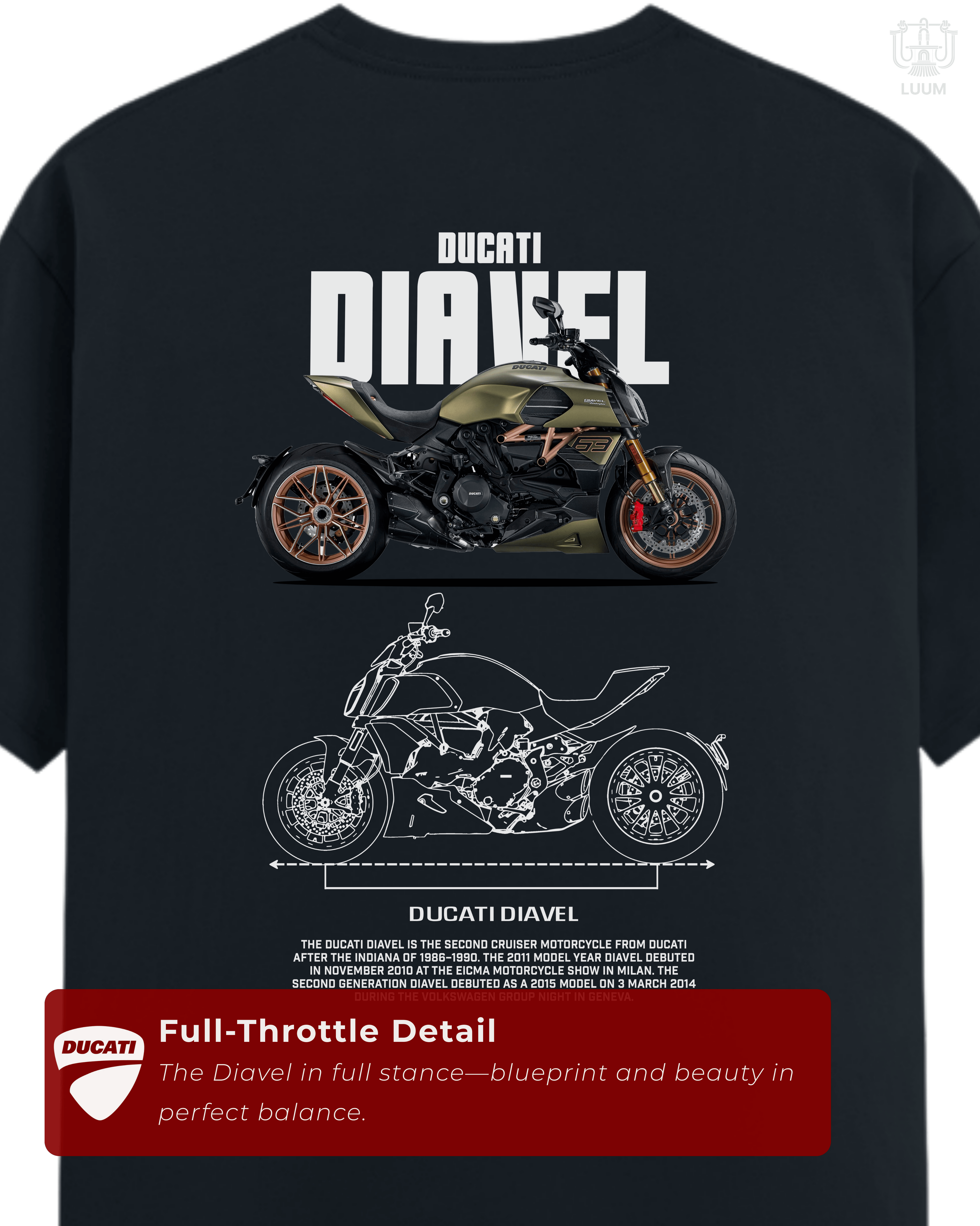 Cinematic back background mockup of LUUM Ducati Performance: Diavel tee, emphasizing storytelling and collector’s edition vibe. Part of DailyPrints Collection. Belief. Woven and Worn.