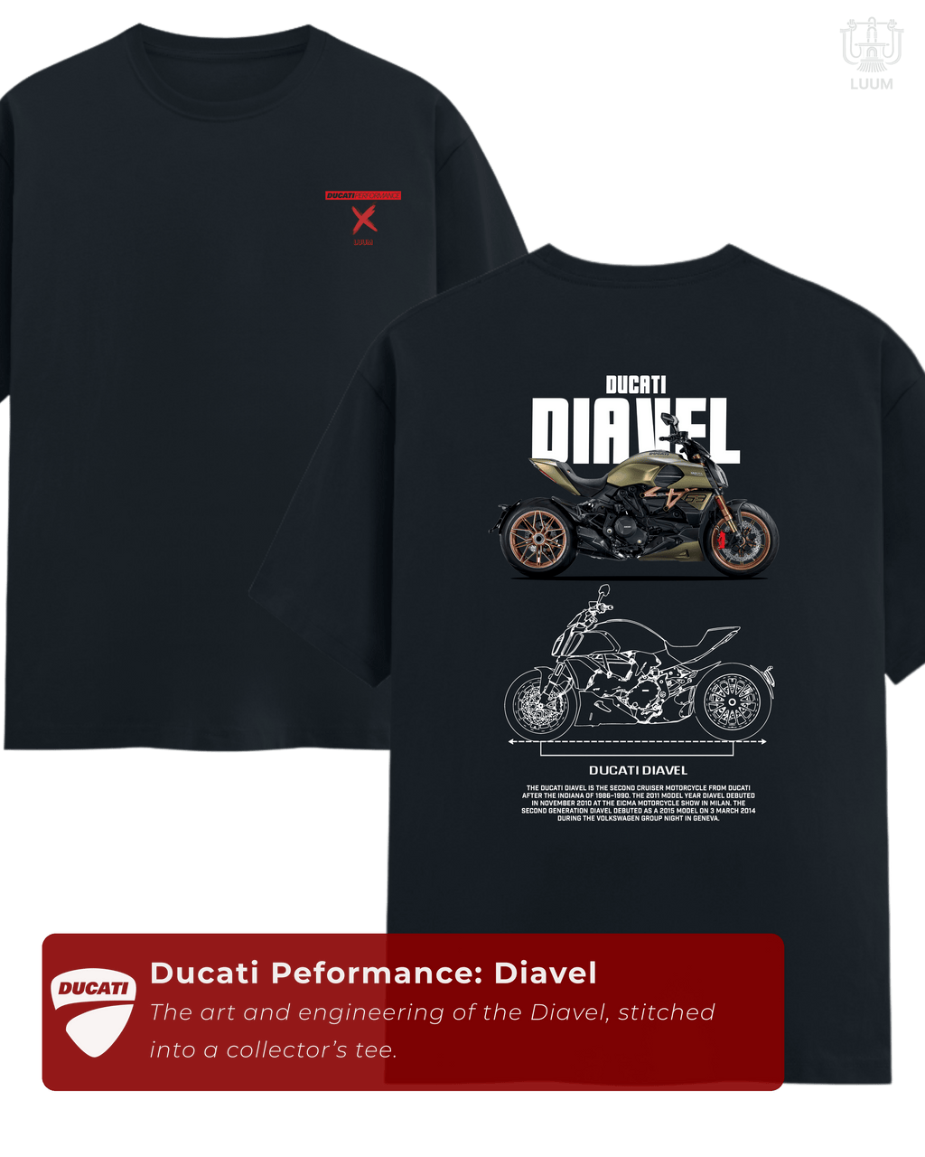 Front and back cinematic mockup of LUUM Ducati Performance: Diavel t-shirt in black, showcasing minimalist front design and detailed motorcycle back print. Part of DailyPrints Collection. Belief. Woven and Worn.