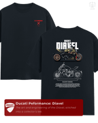 Front and back cinematic mockup of LUUM Ducati Performance: Diavel t-shirt in black, showcasing minimalist front design and detailed motorcycle back print. Part of DailyPrints Collection. Belief. Woven and Worn.