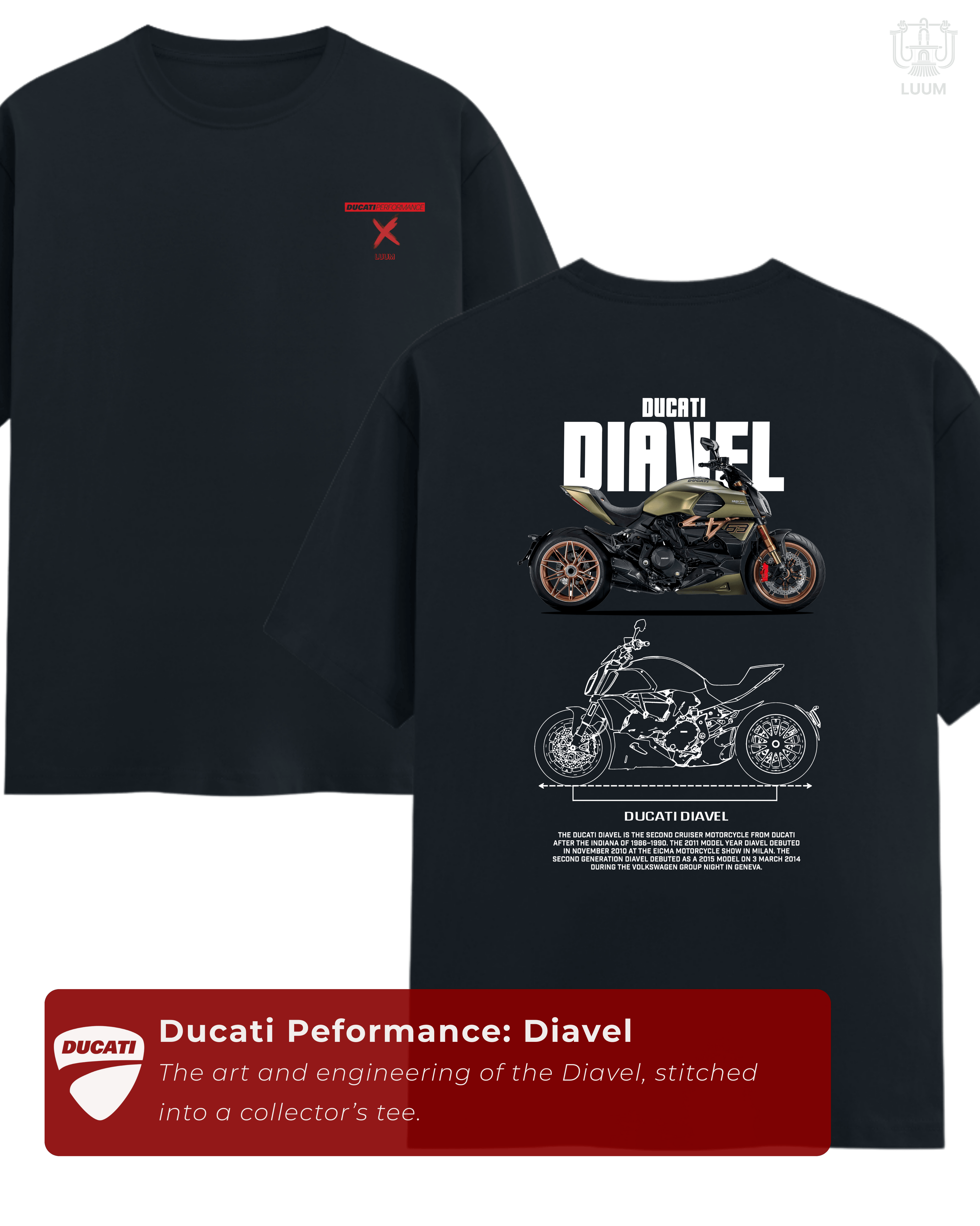 Front and back cinematic mockup of LUUM Ducati Performance: Diavel t-shirt in black, showcasing minimalist front design and detailed motorcycle back print. Part of DailyPrints Collection. Belief. Woven and Worn.