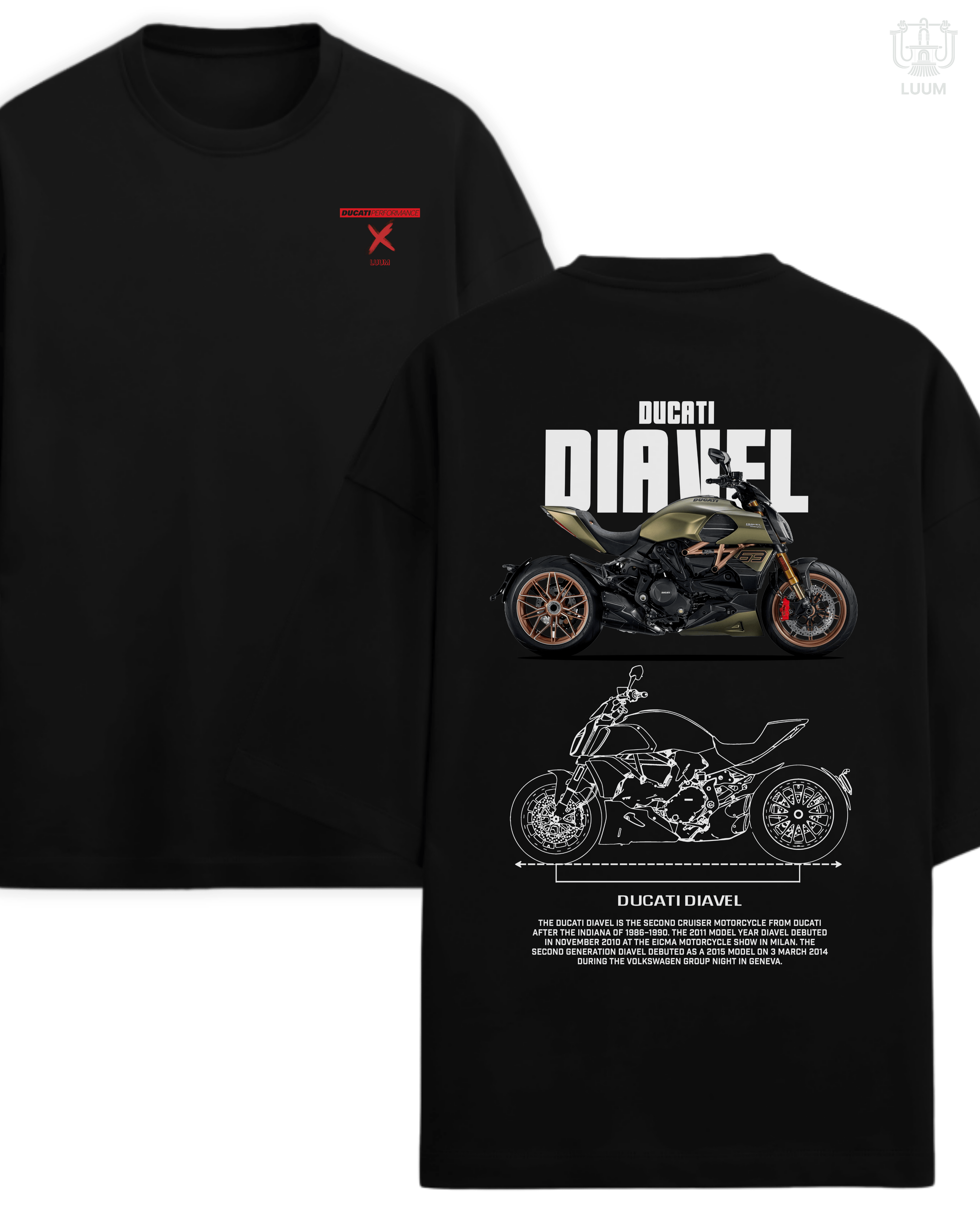 LUUM Ducati Performance: Diavel t-shirt in oversized fit, 260 GSM French Terry cotton, black colorway. Part of DailyPrints Collection. Belief. Woven and Worn.