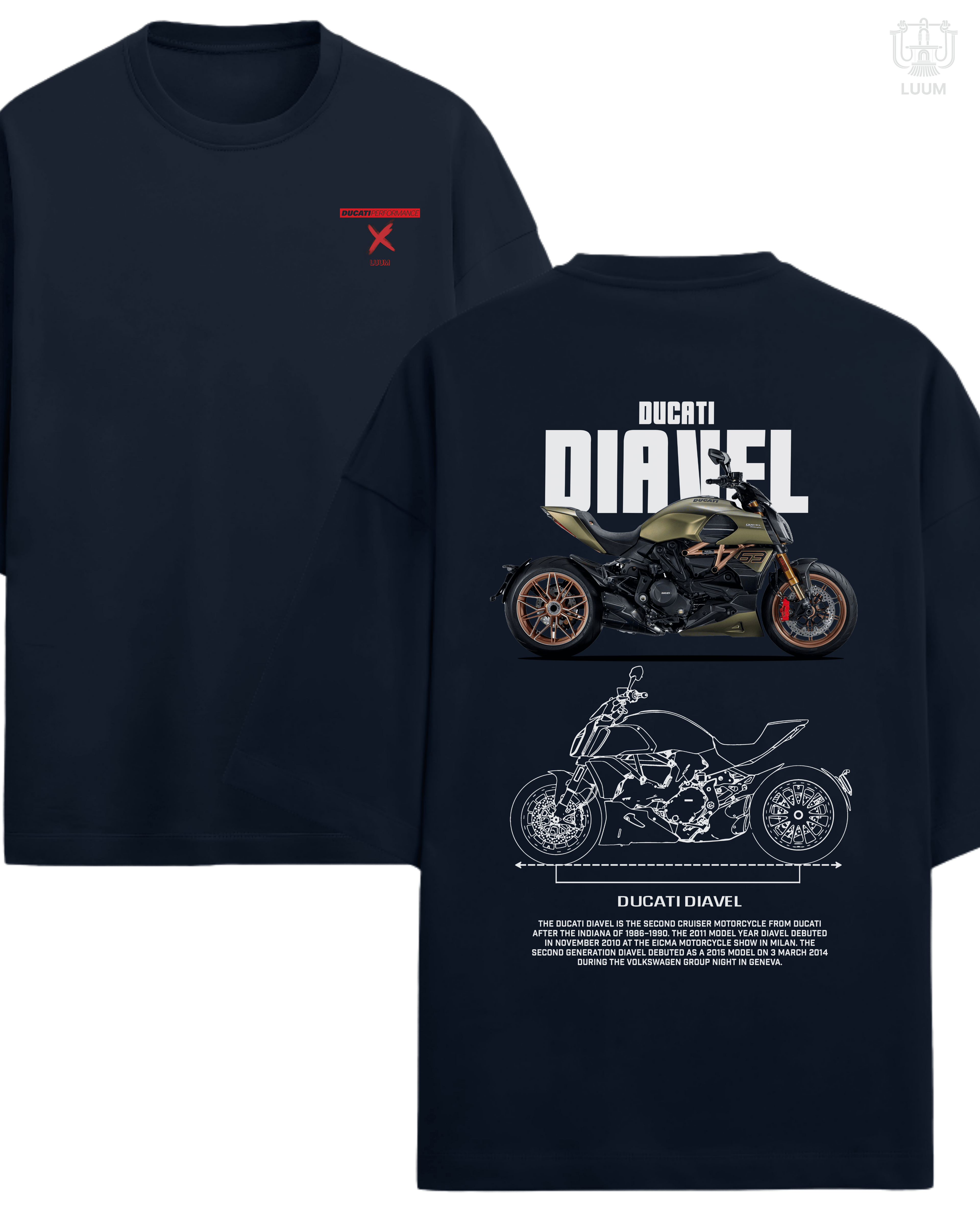 LUUM Ducati Performance: Diavel t-shirt in oversized fit, 260 GSM French Terry cotton, navy blue colorway. Part of DailyPrints Collection. Belief. Woven and Worn.