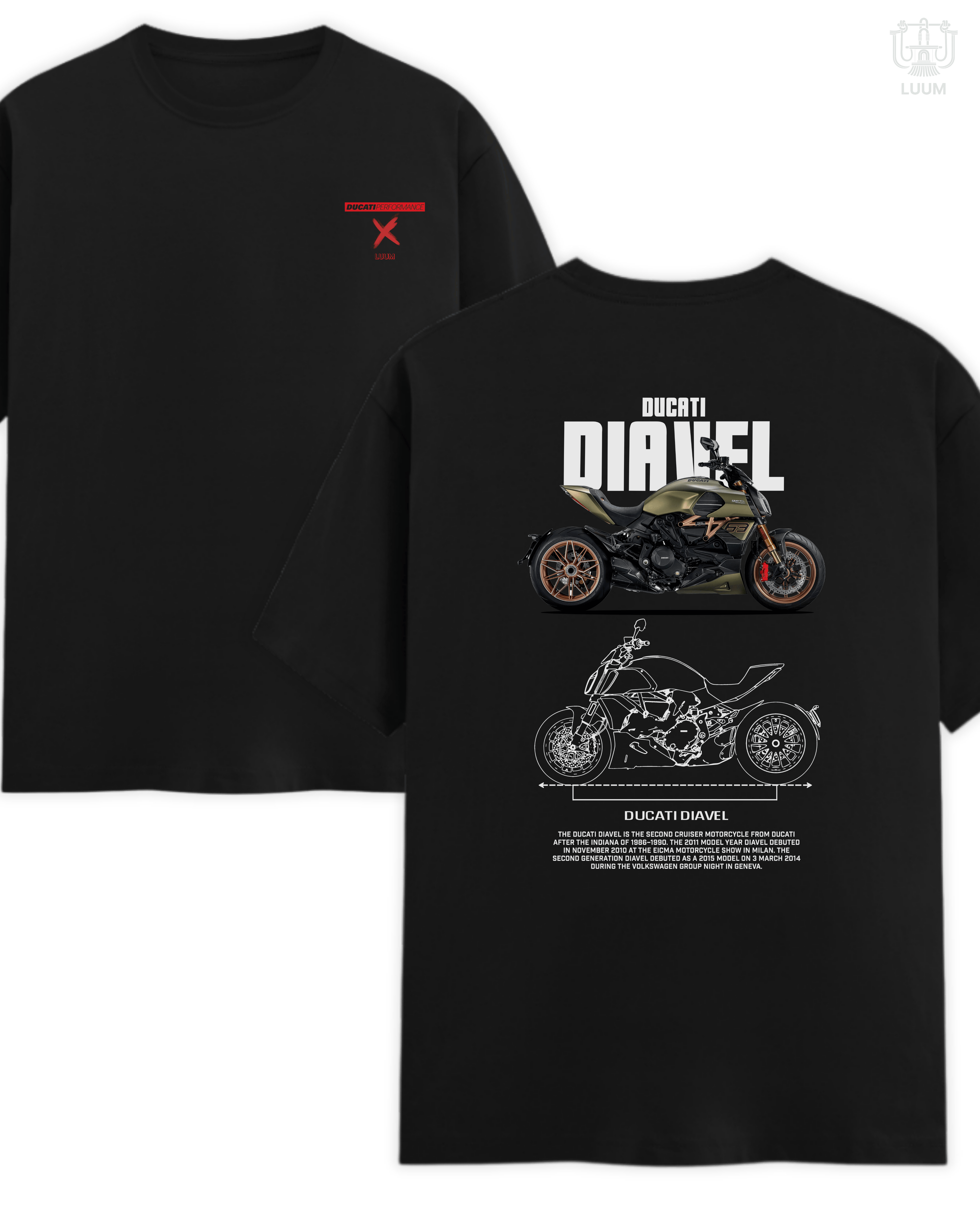 LUUM Ducati Performance: Diavel t-shirt in regular fit, 180 GSM SUPIMA cotton, black colorway.  Part of DailyPrints Collection. Belief. Woven and Worn.