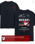 Front and back view showcasing LUUM's Ducati Panigale design in black/navy tee. Part of DailyPrints Collection. Belief. Woven and Worn.