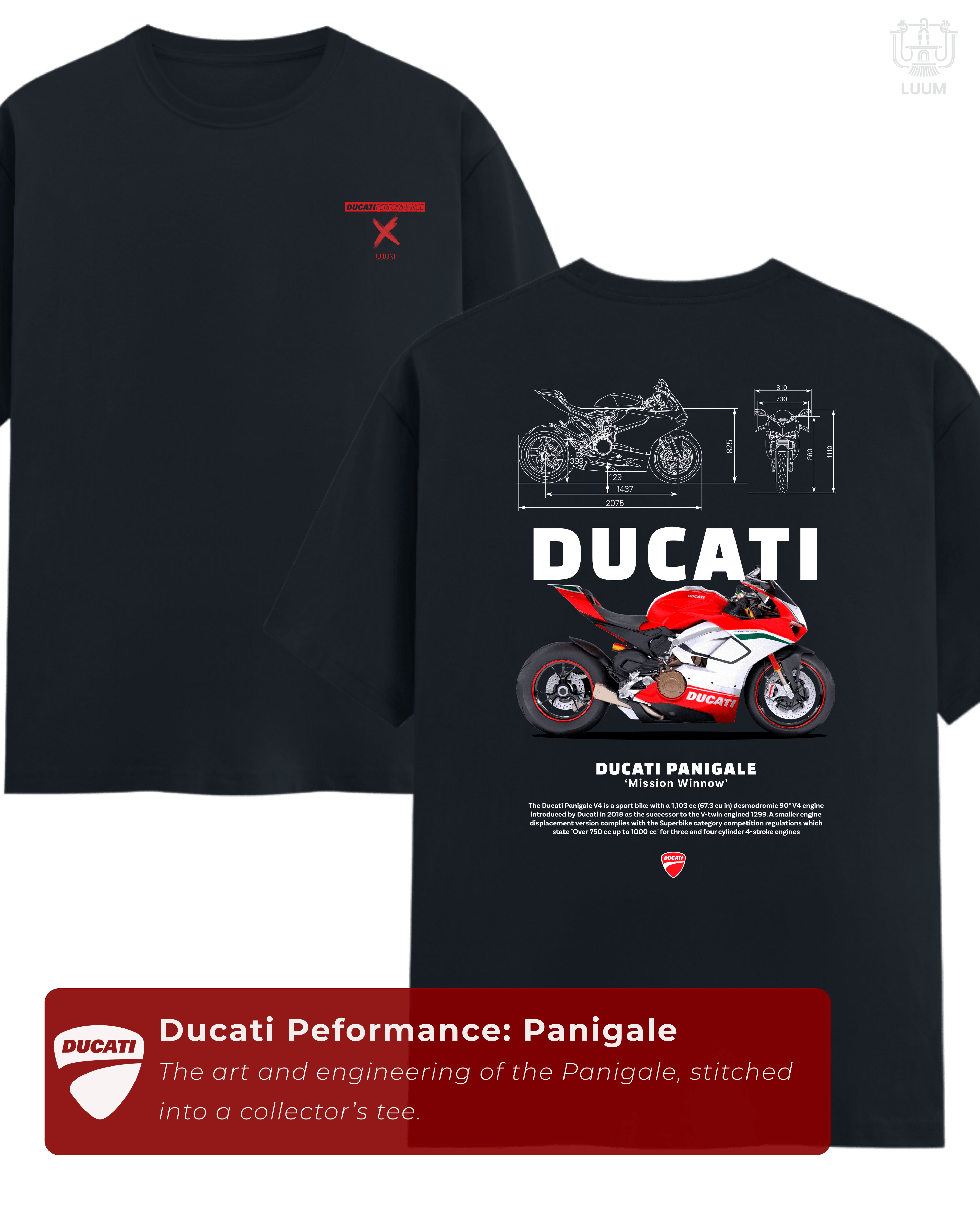 Front and back view showcasing LUUM's Ducati Panigale design in black/navy tee. Part of DailyPrints Collection. Belief. Woven and Worn.