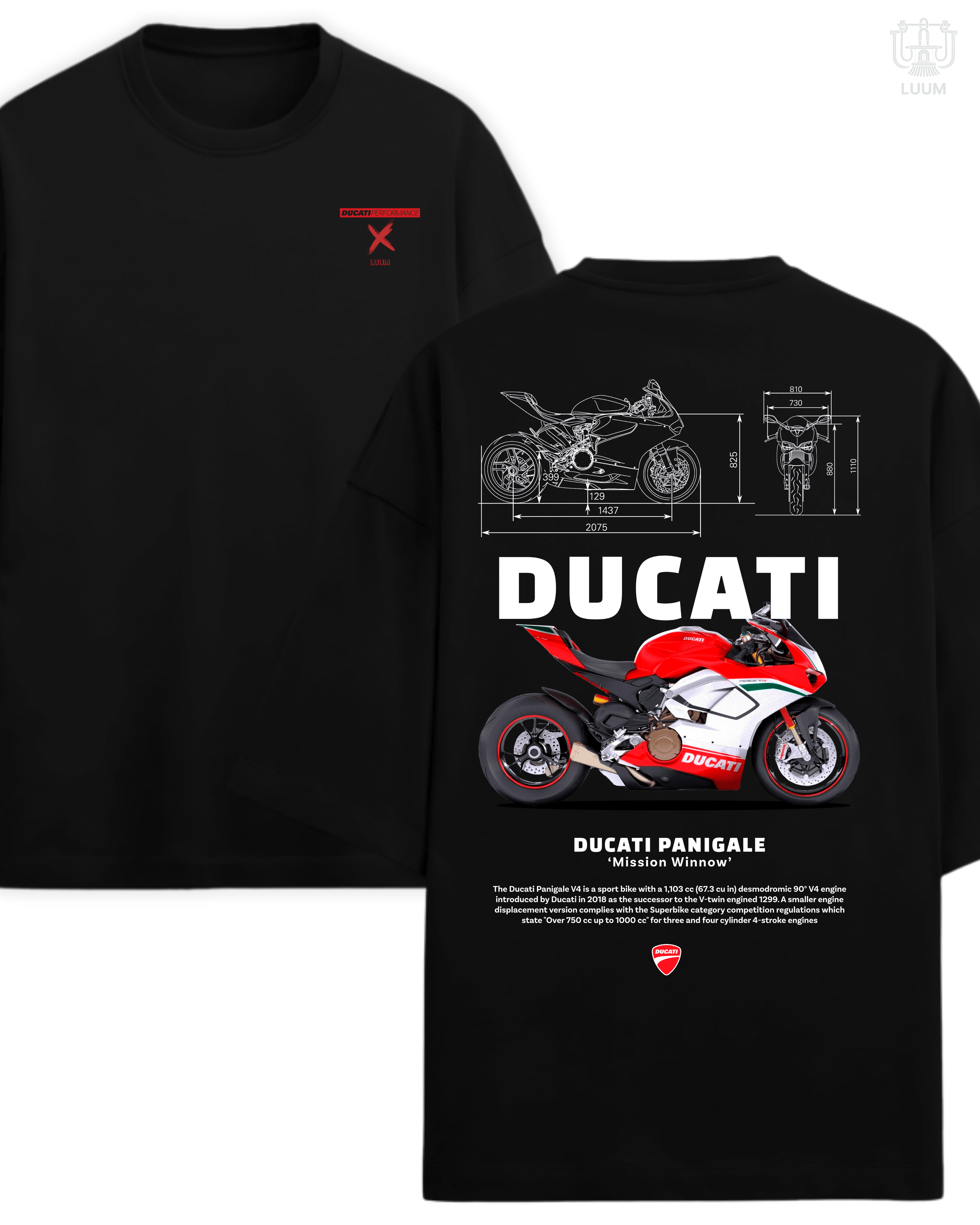 Oversized French Terry black t-shirt with Ducati Panigale design. Part of DailyPrints Collection. Belief. Woven and Worn.