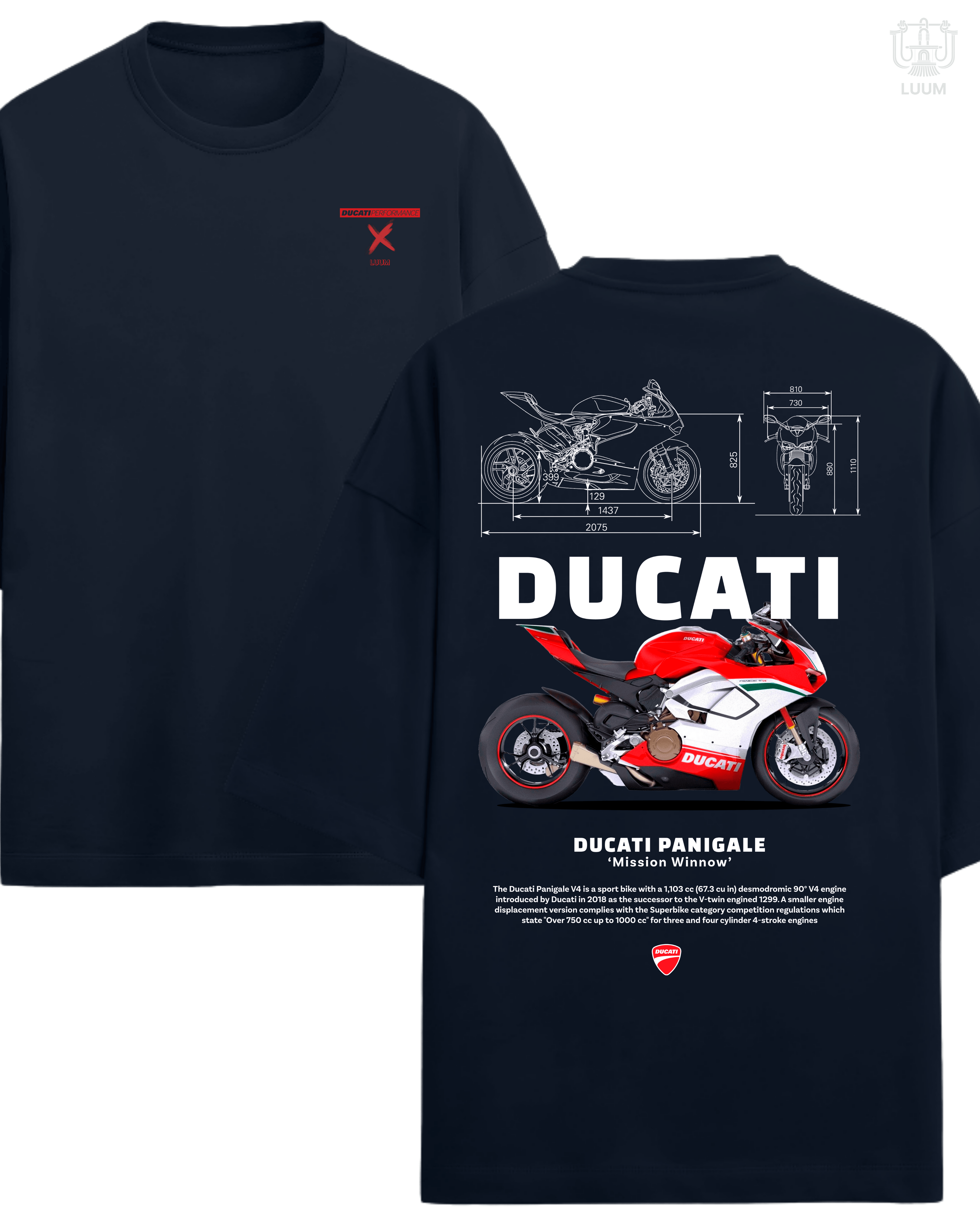 Oversized French Terry navy blue t-shirt with LUUM's Ducati Panigale design. Part of DailyPrints Collection. Belief. Woven and Worn.