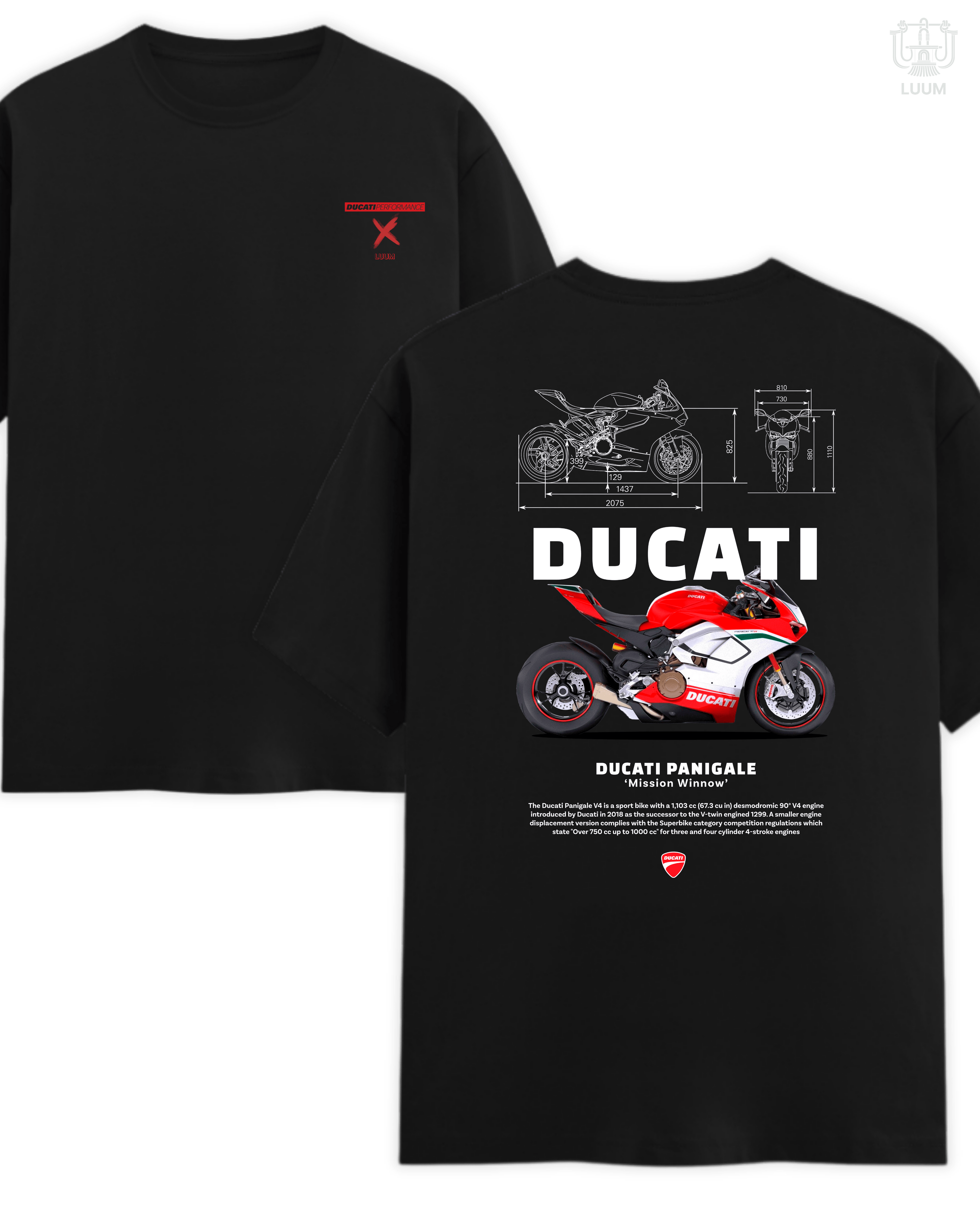 Regular fit Supima cotton black t-shirt with LUUM's Ducati Panigale design. Part of DailyPrints Collection. Belief. Woven and Worn.