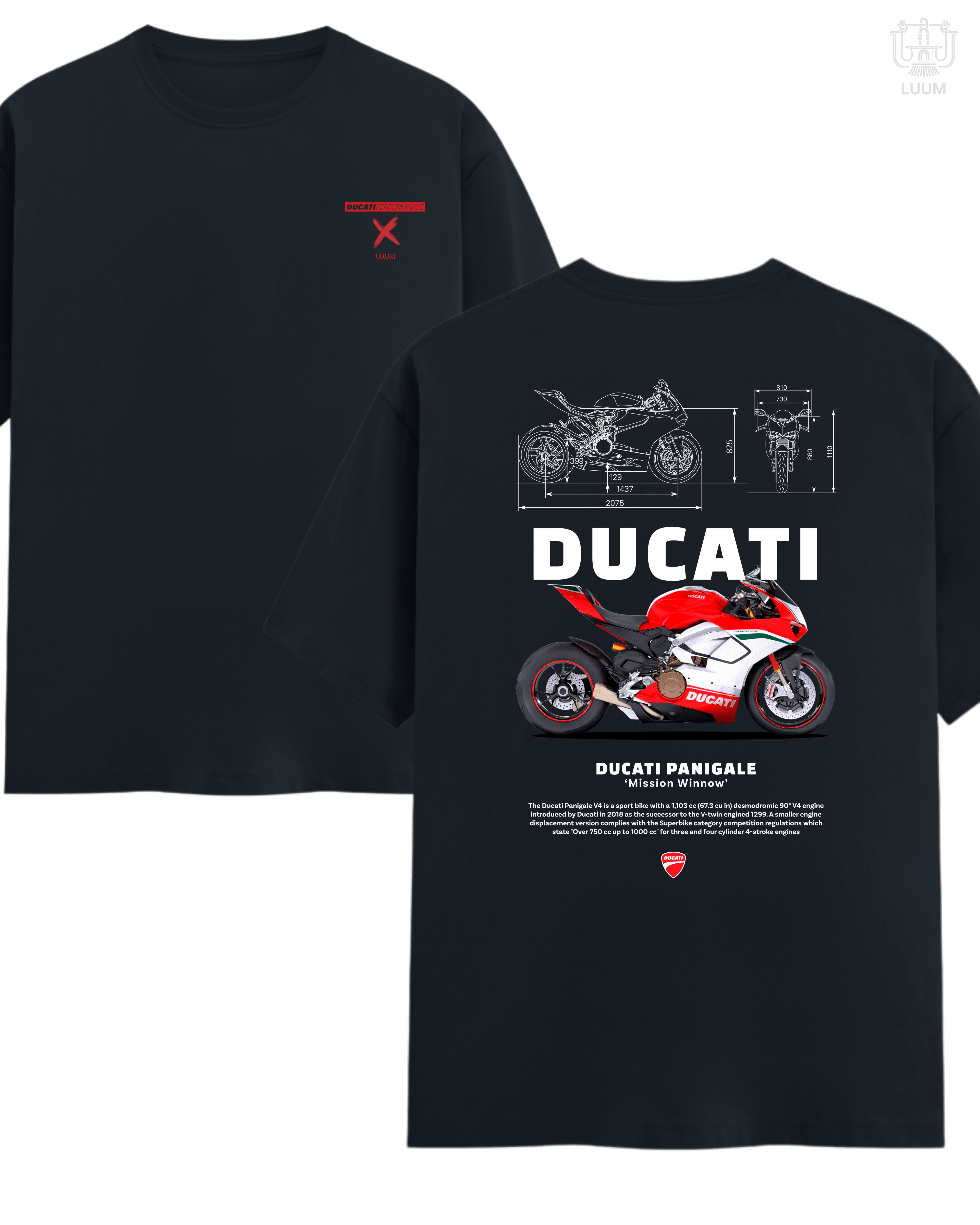 Regular fit Supima cotton navy blue t-shirt with LUUM's Ducati Panigale design. Part of DailyPrints Collection. Belief. Woven and Worn.