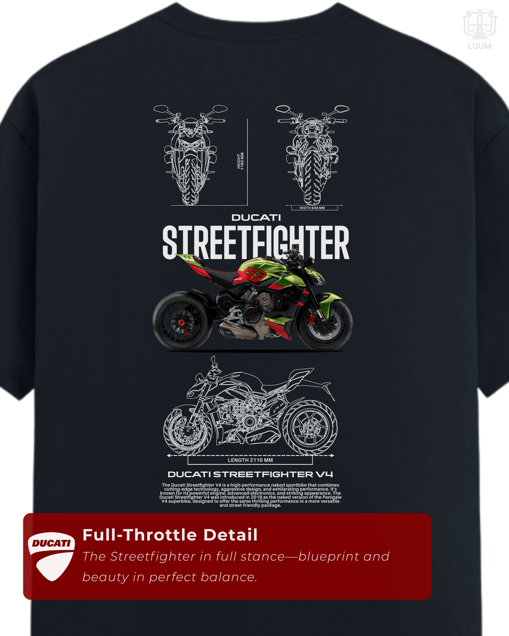 Back view of LUUM Ducati Performance Streetfighter tee in navy, featuring blueprint schematics and side profile of Ducati Streetfighter V4. Part of DailyPrints Collection. Belief. Woven and Worn.