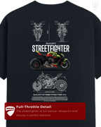 Back view of LUUM Ducati Performance Streetfighter tee in navy, featuring blueprint schematics and side profile of Ducati Streetfighter V4. Part of DailyPrints Collection. Belief. Woven and Worn.