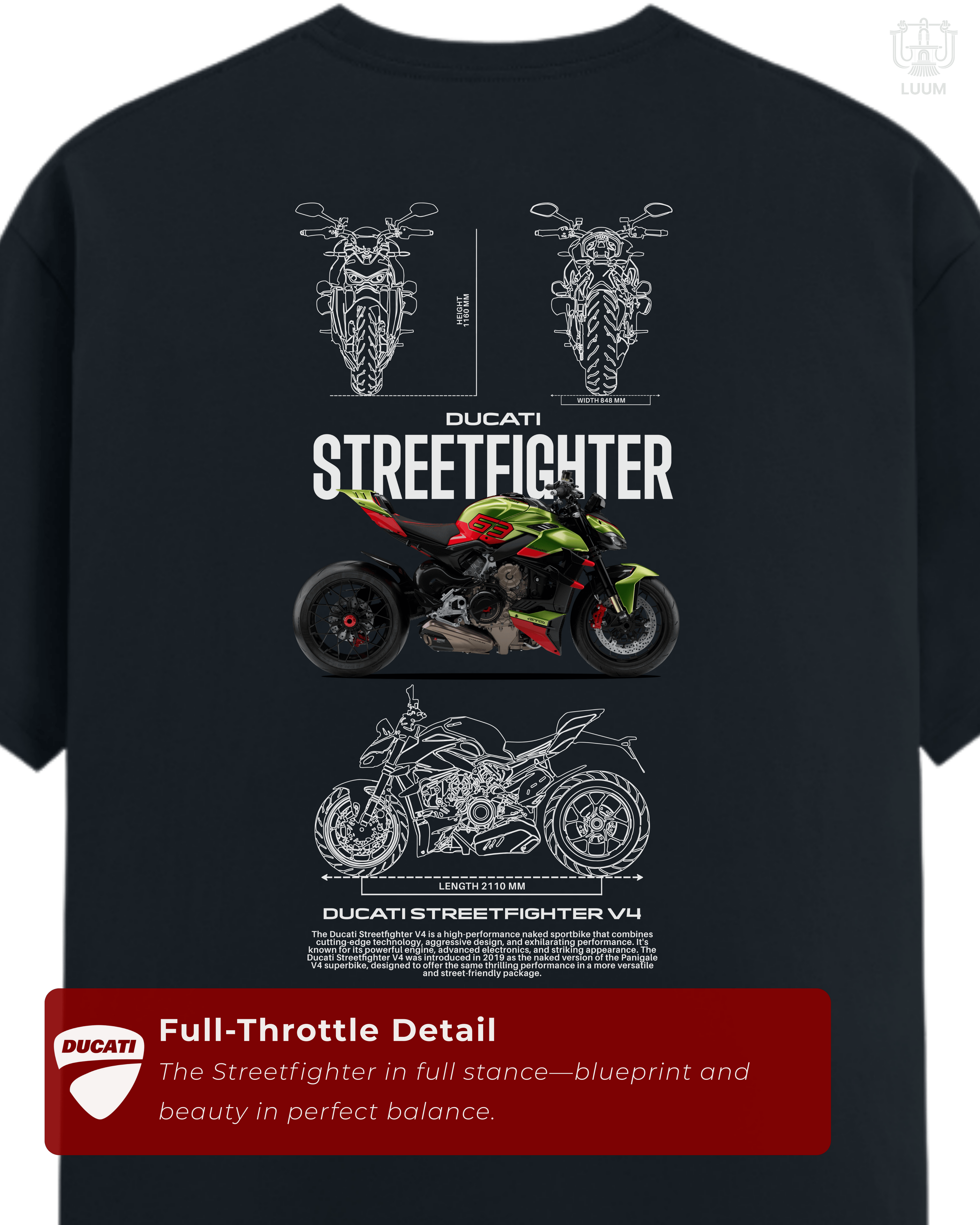 Back view of LUUM Ducati Performance Streetfighter tee in navy, featuring blueprint schematics and side profile of Ducati Streetfighter V4. Part of DailyPrints Collection. Belief. Woven and Worn.