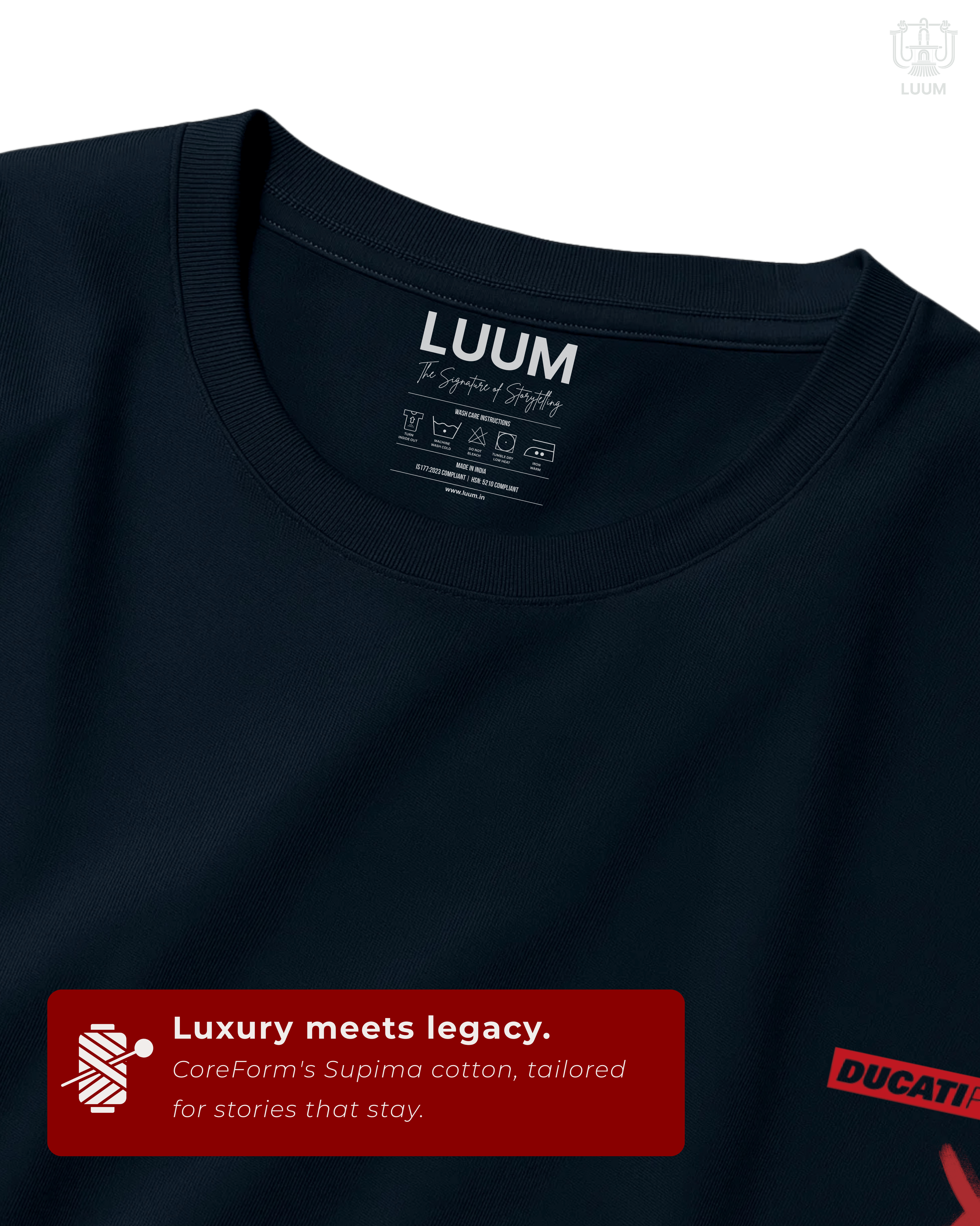 Close-up detail of LUUM Ducati Performance Streetfighter tee fabric, showcasing premium Supima cotton and neck label detailing. Part of DailyPrints Collection. Belief. Woven and Worn.