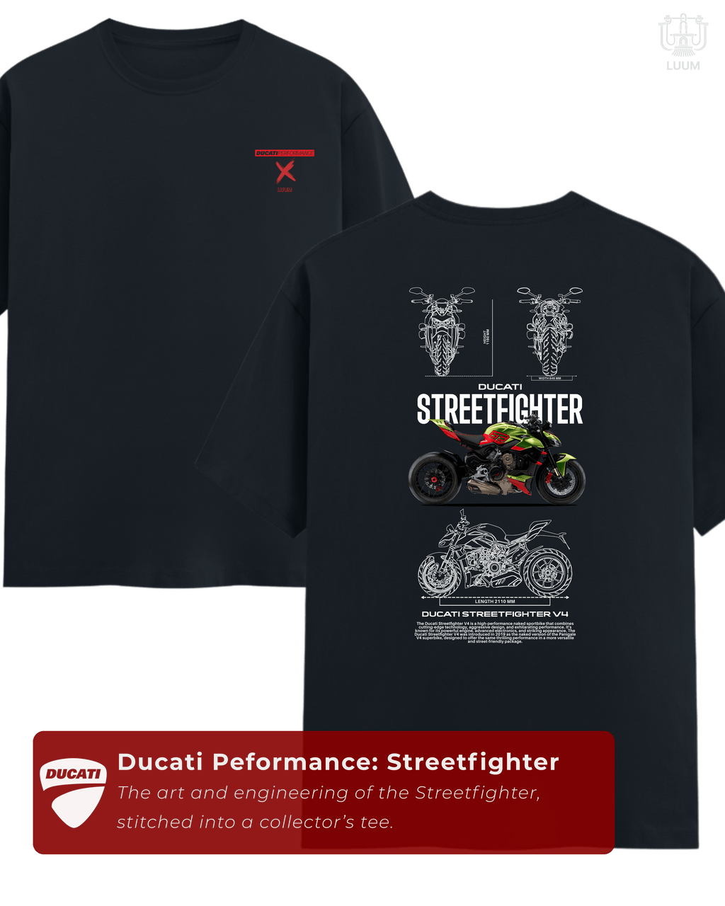Navy blue Ducati Performance Streetfighter tee by LUUM showing cinematic front emblem and detailed back schematic of the Streetfighter V4. Part of DailyPrints Collection. Belief. Woven and Worn.