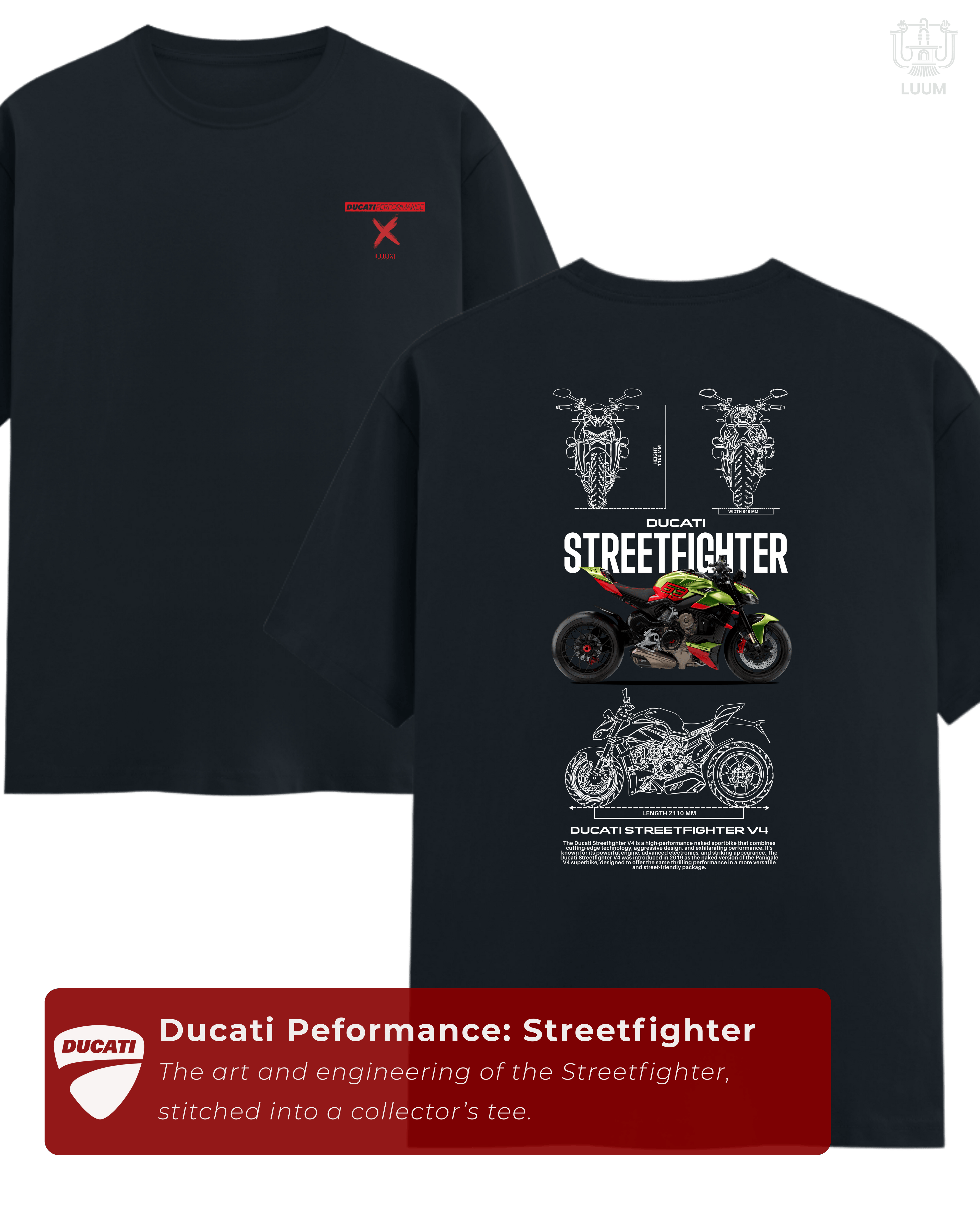 Navy blue Ducati Performance Streetfighter tee by LUUM showing cinematic front emblem and detailed back schematic of the Streetfighter V4. Part of DailyPrints Collection. Belief. Woven and Worn.