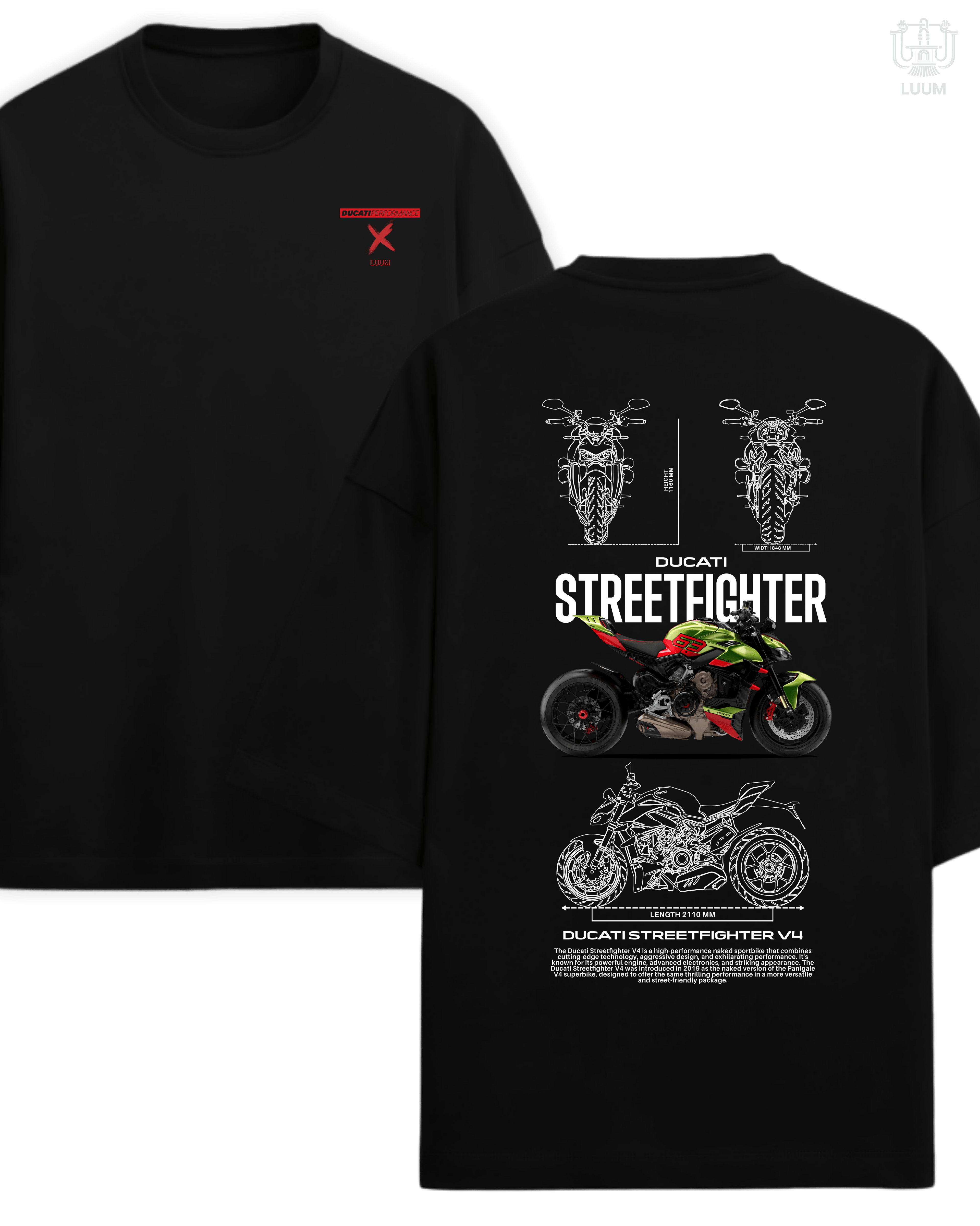 Oversized black LUUM Ducati Streetfighter t-shirt made in French Terry, with Ducati Performance minimal front emblem and detailed back design. Part of DailyPrints Collection. Belief. Woven and Worn.