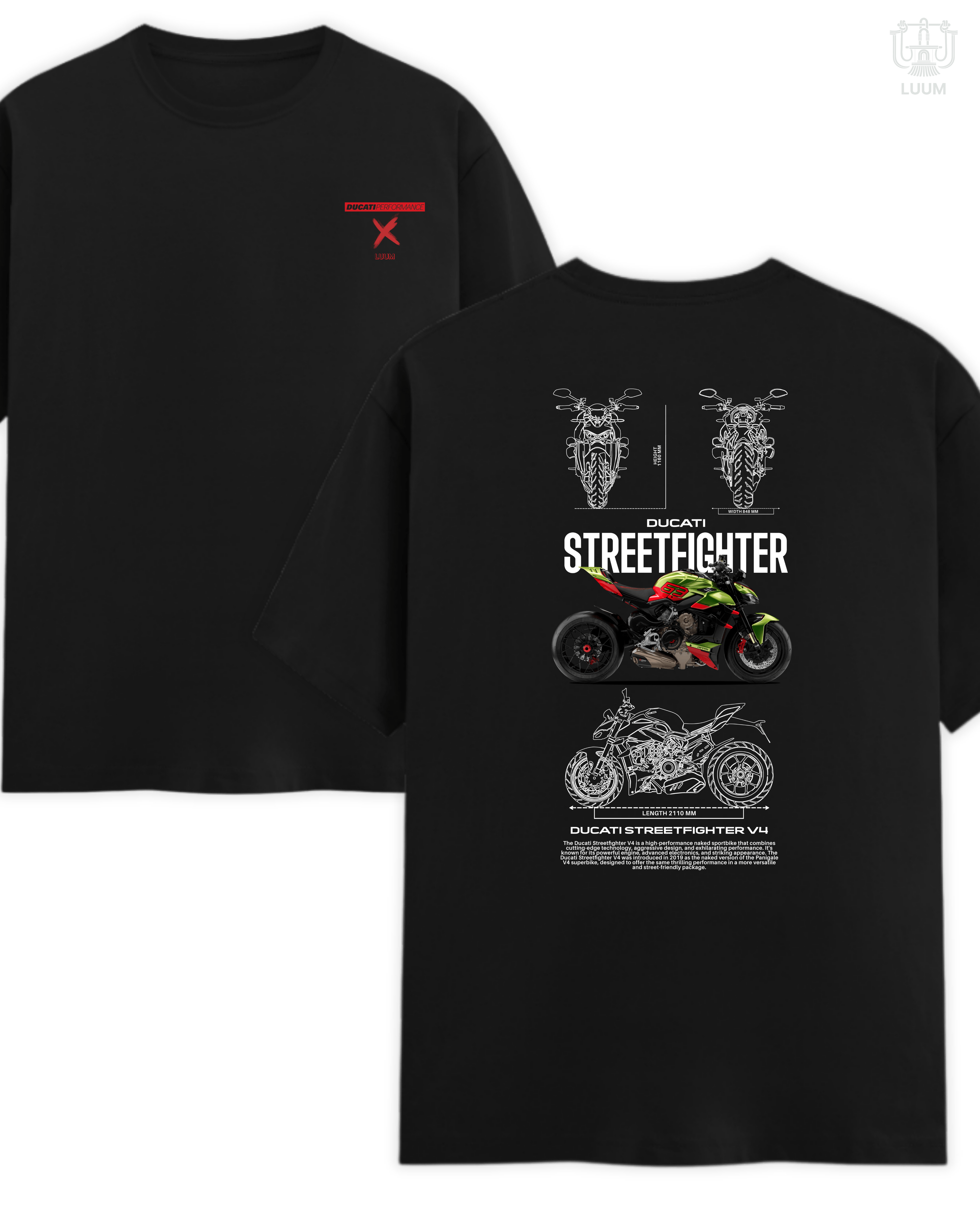 Black regular fit LUUM Ducati Streetfighter t-shirt with Ducati Performance emblem and blueprint rear design. Part of DailyPrints Collection. Belief. Woven and Worn.