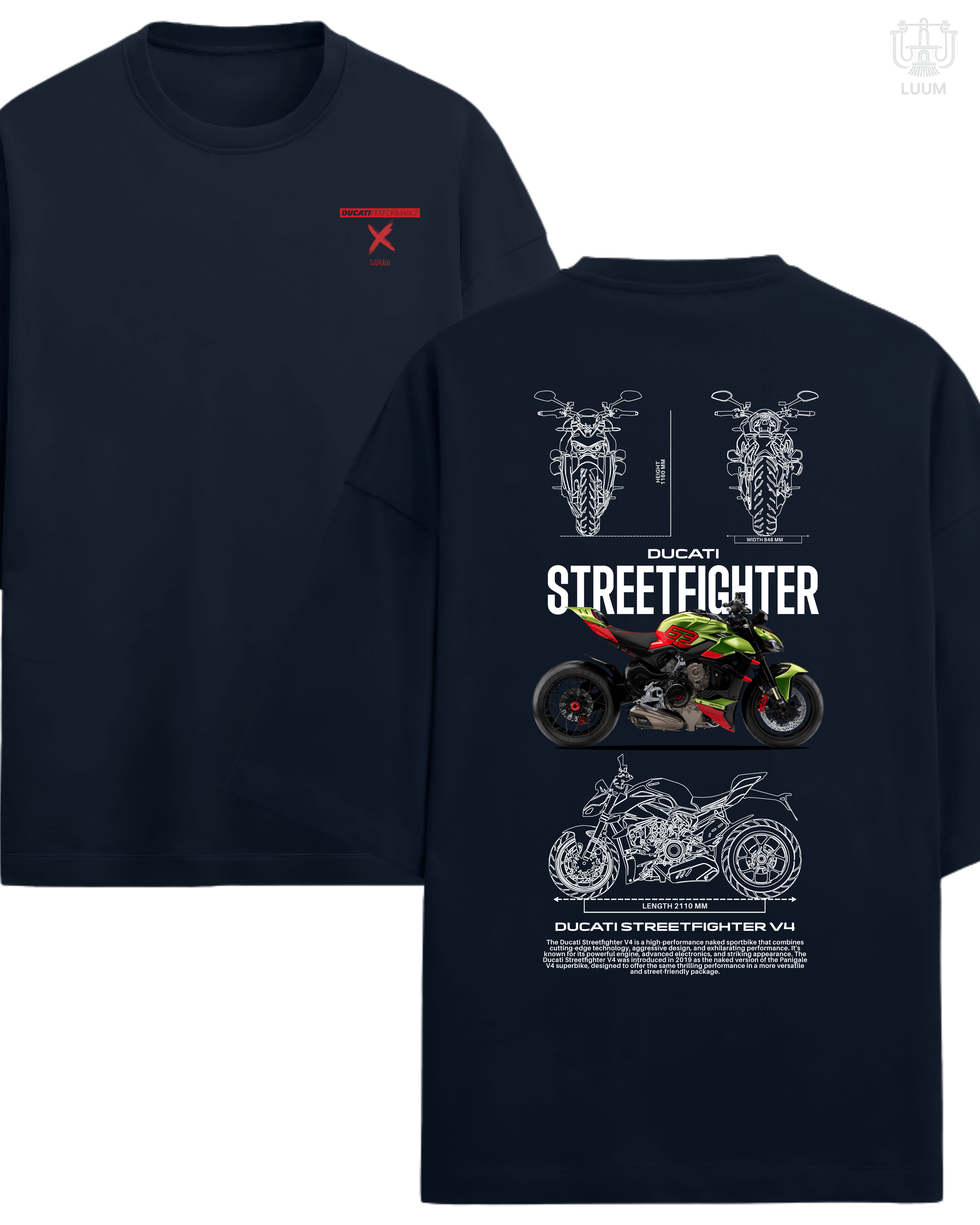 Oversized navy LUUM Ducati Streetfighter t-shirt crafted in French Terry with bold Ducati schematics on the back. Part of DailyPrints Collection. Belief. Woven and Worn.