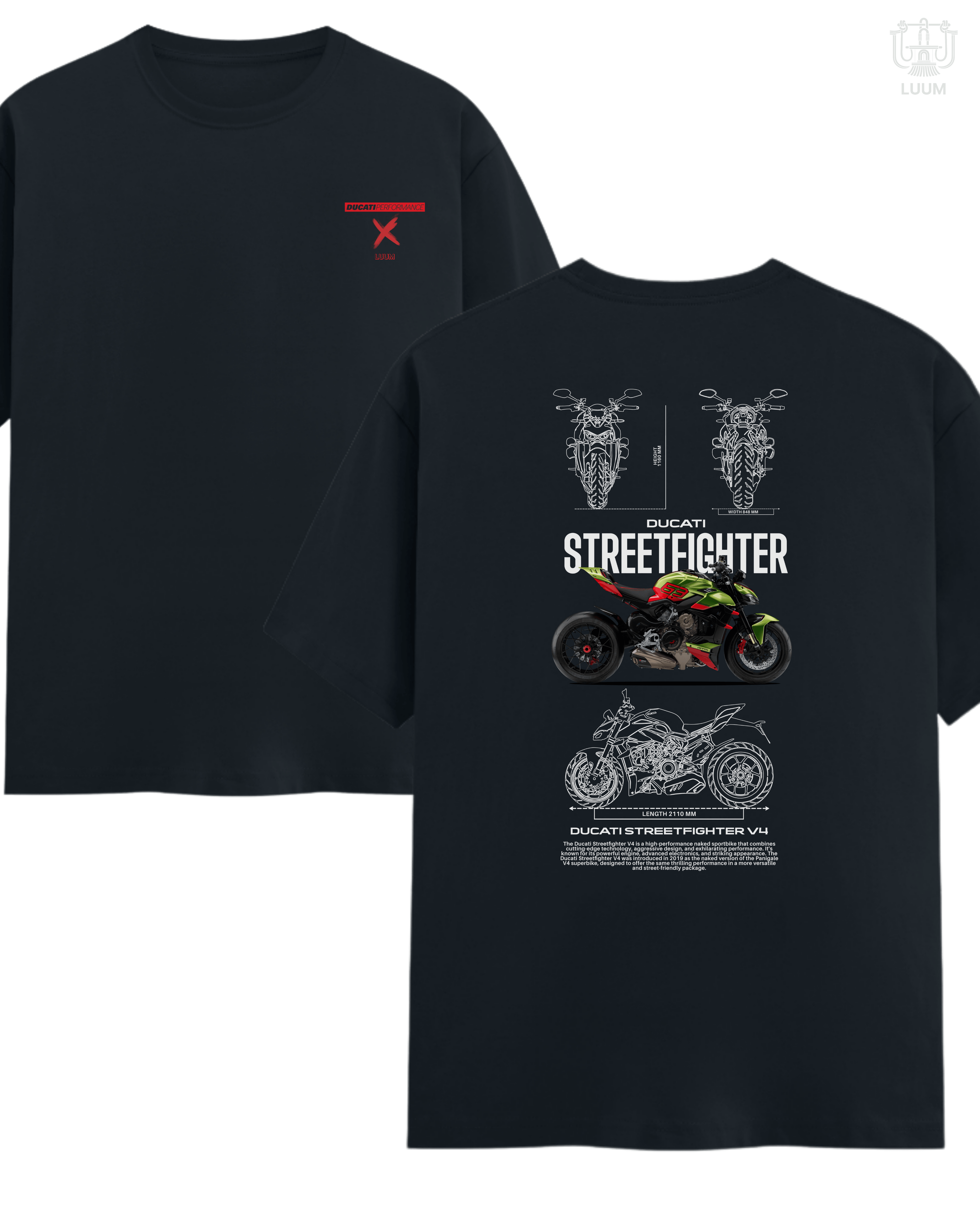 Navy blue regular fit LUUM Ducati Streetfighter t-shirt with cinematic back print of the Ducati V4 schematics. Part of DailyPrints Collection. Belief. Woven and Worn.