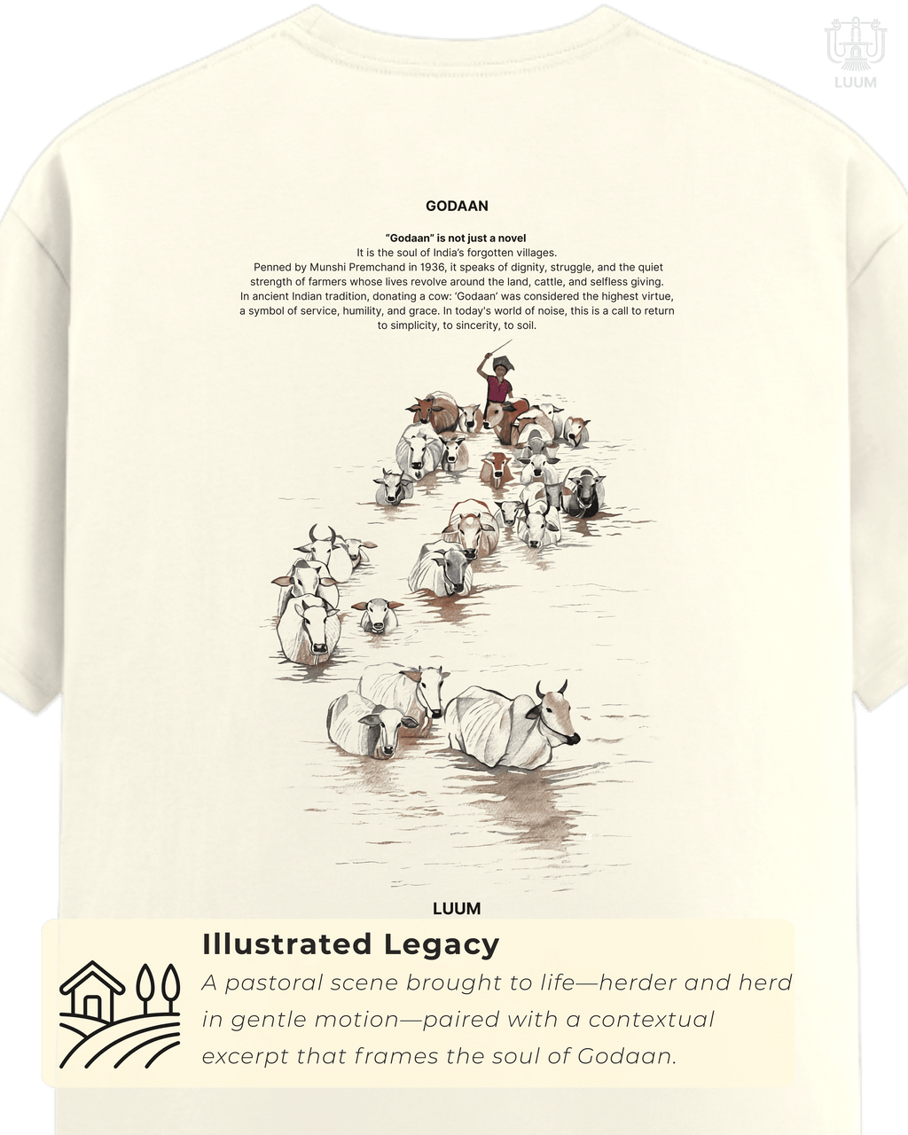 LUUM t-shirt back design showing herder and cows illustration with Godaan literature excerpt. Part of DailyPrints Collection. Belief. Woven and Worn.
