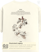 LUUM t-shirt back design showing herder and cows illustration with Godaan literature excerpt. Part of DailyPrints Collection. Belief. Woven and Worn.