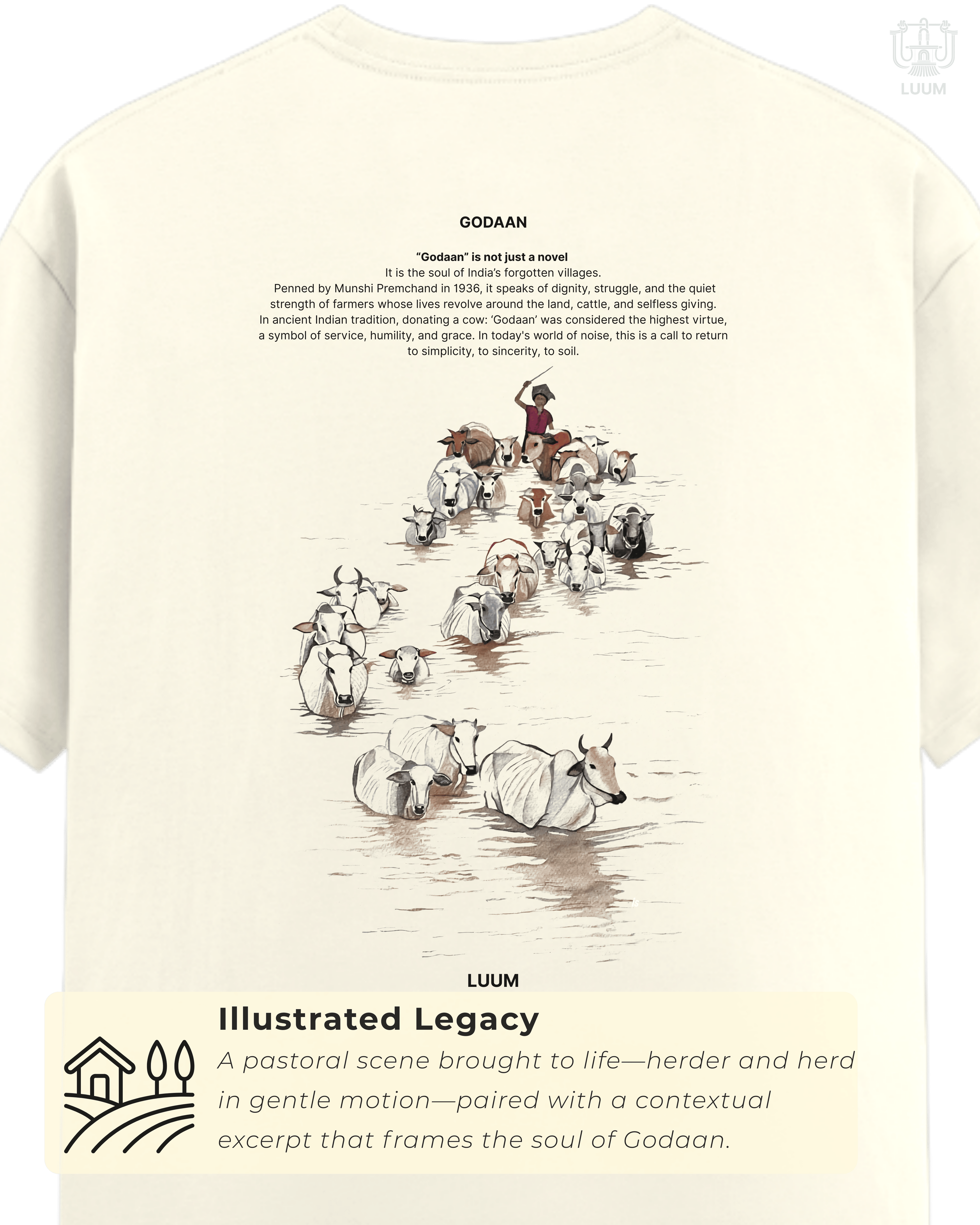 LUUM t-shirt back design showing herder and cows illustration with Godaan literature excerpt. Part of DailyPrints Collection. Belief. Woven and Worn.