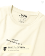 Premium detail view of LUUM Godaan t-shirt showing fine Supima cotton texture and print craftsmanship. Part of DailyPrints Collection. Belief. Woven and Worn.