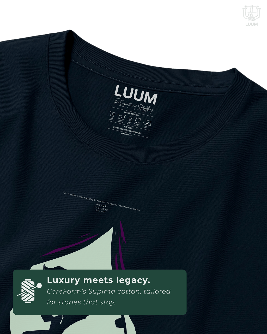 Close-up of LUUM Joker t-shirt showcasing fine print detailing and Supima cotton texture. Part of DailyPrints Collection. Belief. Woven and Worn.