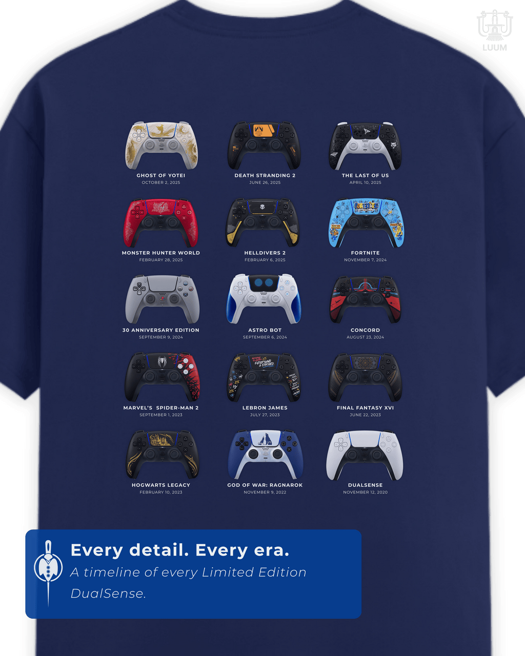 Close-up of LUUM's detailed controller artwork showcasing all 15 iconic limited-edition PS5 DualSense designs printed on back of t-shirt. Part of DailyPrints Collection. Belief. Woven and Worn.