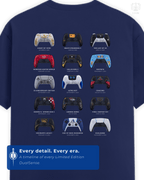 Close-up of LUUM's detailed controller artwork showcasing all 15 iconic limited-edition PS5 DualSense designs printed on back of t-shirt. Part of DailyPrints Collection. Belief. Woven and Worn.