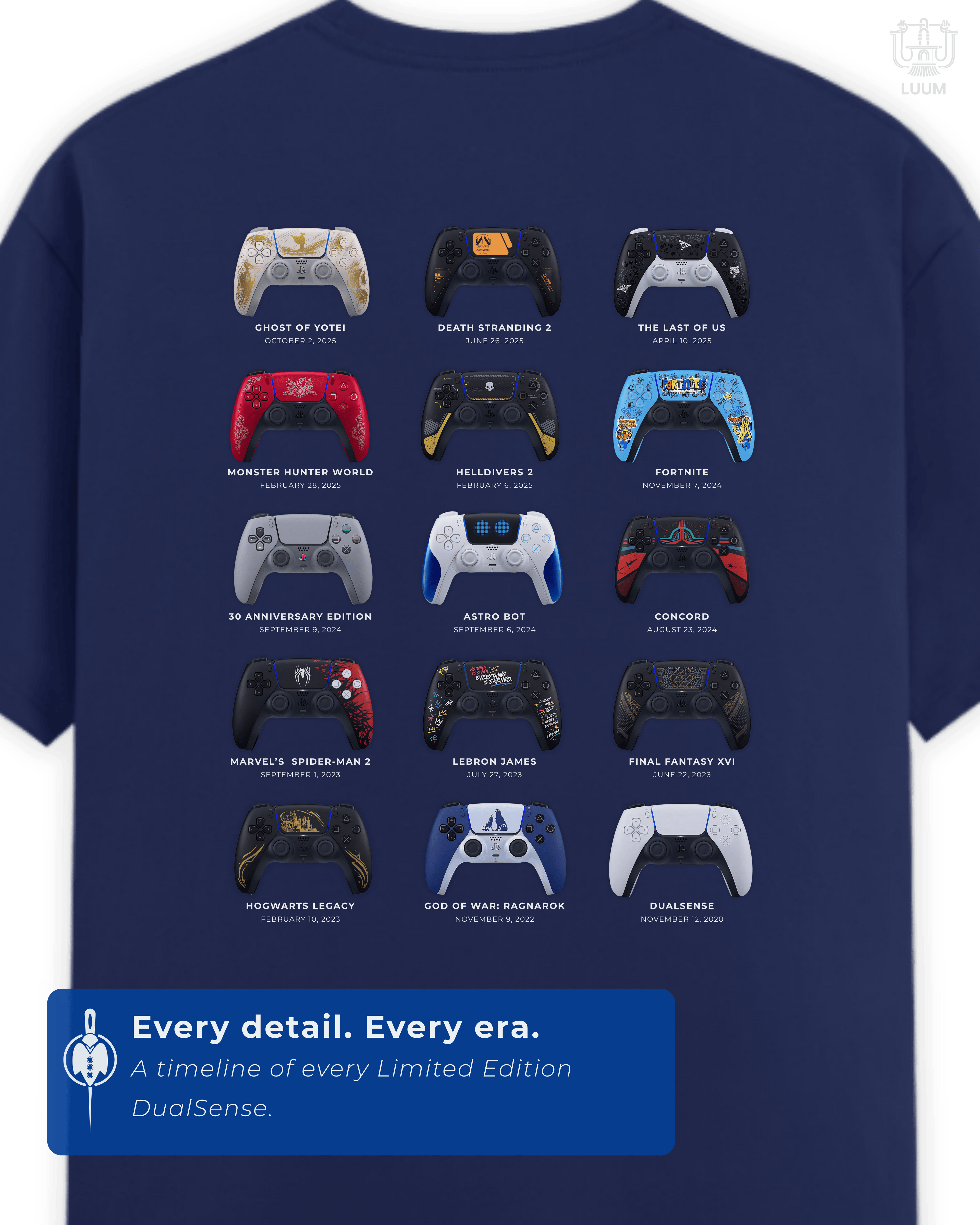 Close-up of LUUM's detailed controller artwork showcasing all 15 iconic limited-edition PS5 DualSense designs printed on back of t-shirt. Part of DailyPrints Collection. Belief. Woven and Worn.
