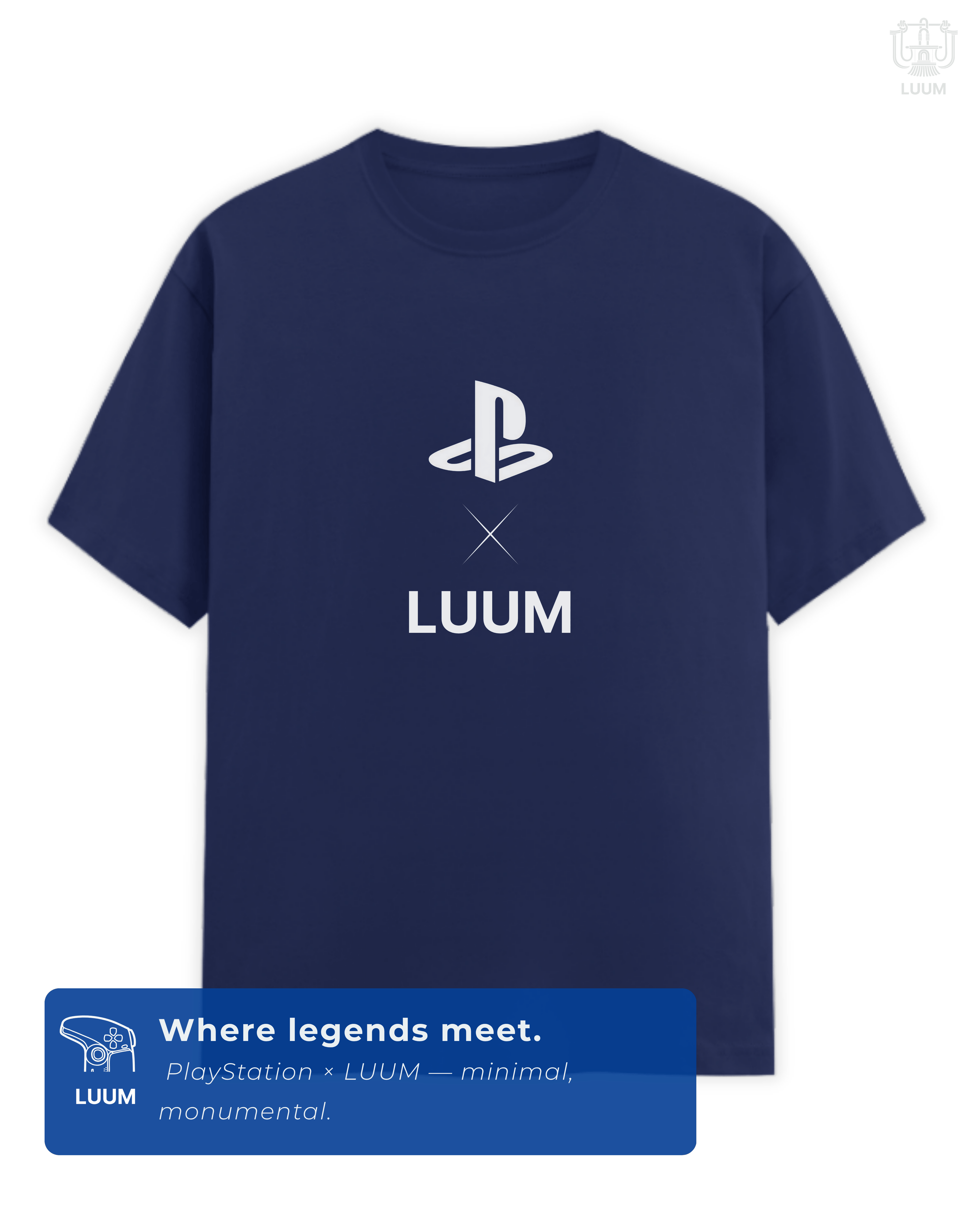 Clean front view of the t-shirt showing LUUM × PlayStation logo — a minimal tribute to gaming’s most iconic platform. Part of DailyPrints Collection. Belief. Woven and Worn.