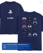 Front and back mockup of LUUM’s "Lines of Play: PlayStation 5" t-shirt in royal blue, featuring iconic DualSense controller timeline. Part of DailyPrints Collection. Belief. Woven and Worn.