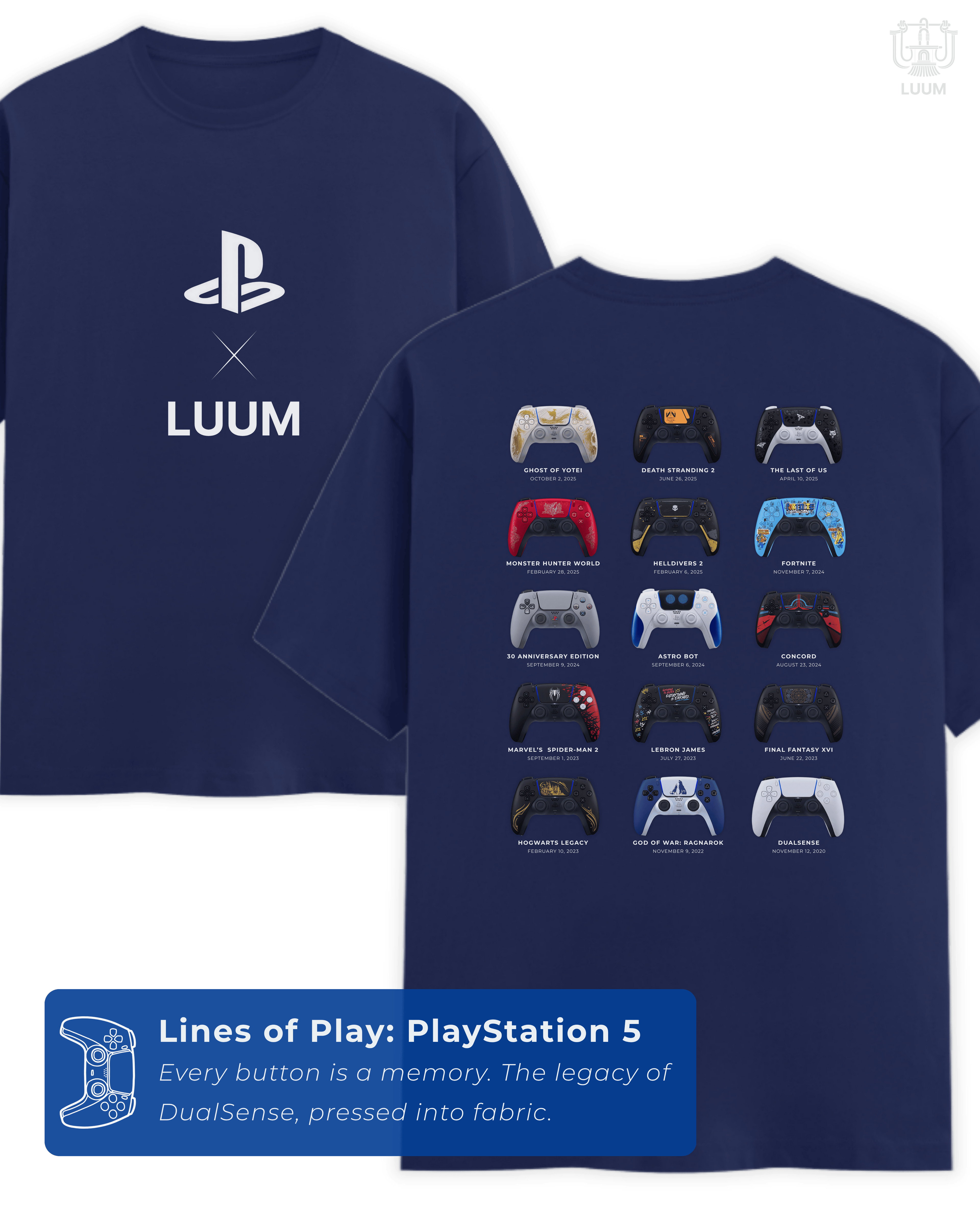 Front and back mockup of LUUM’s "Lines of Play: PlayStation 5" t-shirt in royal blue, featuring iconic DualSense controller timeline. Part of DailyPrints Collection. Belief. Woven and Worn.