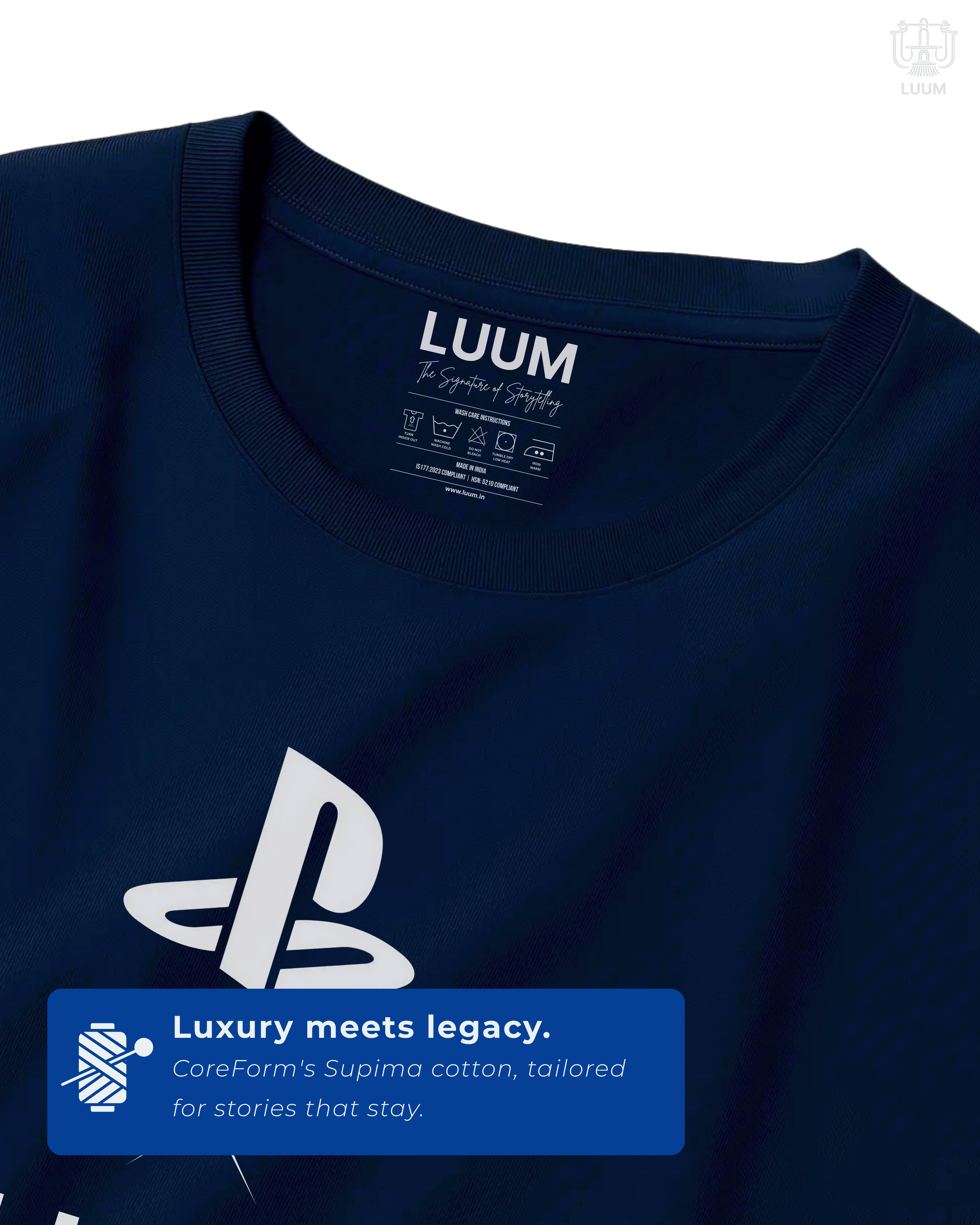 Supima cotton texture shot of LUUM’s CoreForm build, emphasizing soft weave and premium construction in royal blue fabric. Part of DailyPrints Collection. Belief. Woven and Worn.
