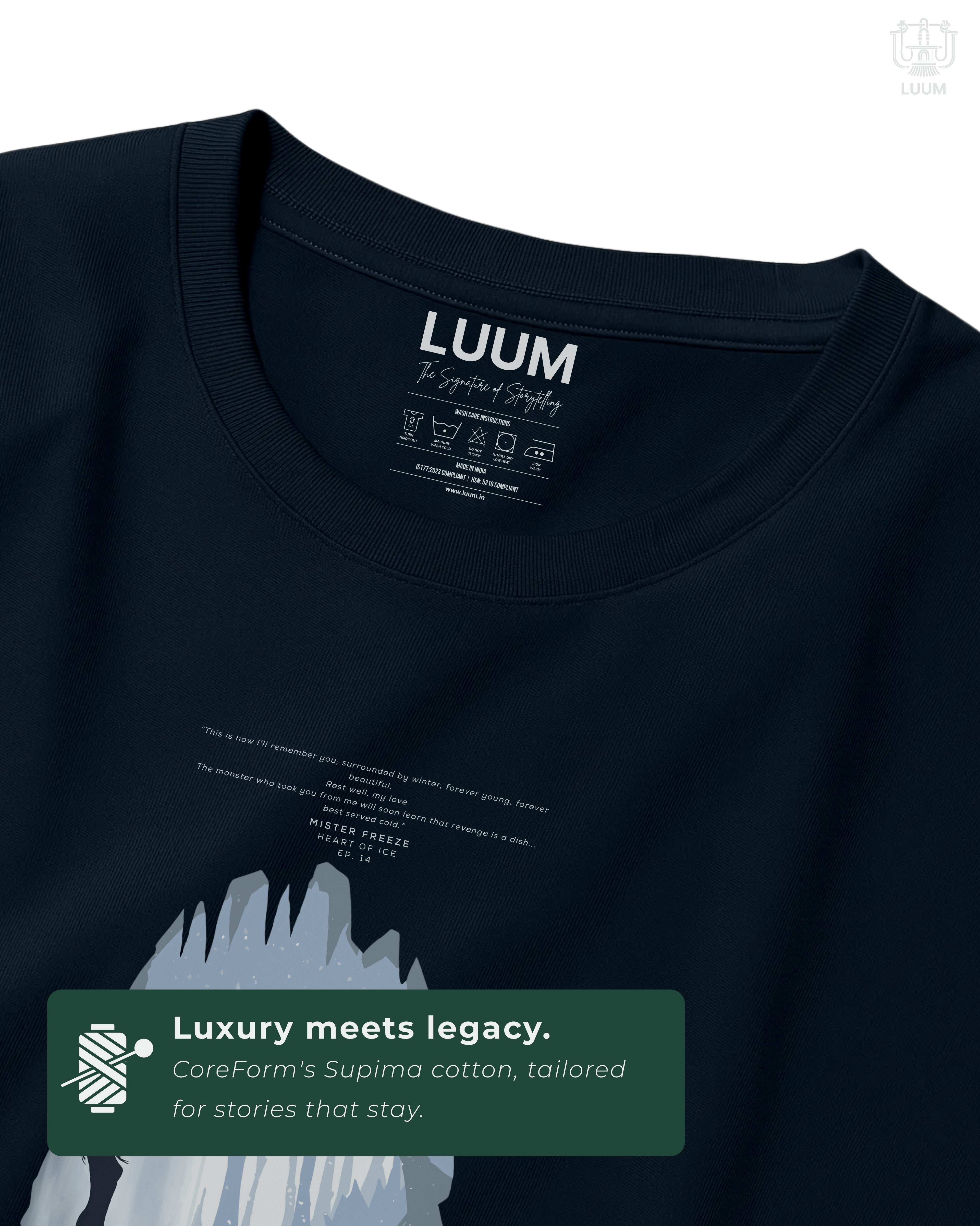 Fabric and texture detail of the LUUM Shadows & Silhouettes: Mister Freeze tee highlighting premium cotton quality and print clarity. Part of DailyPrints Collection. Belief. Woven and Worn.