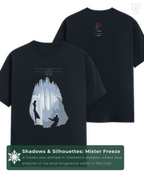 Combined front and back view of the LUUM Shadows & Silhouettes: Mister Freeze t-shirt showing both the Heart of Ice design and the Batman The Animated Series emblem. Part of DailyPrints Collection. Belief. Woven and Worn.