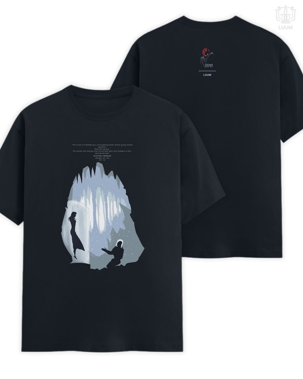 Regular fit version of the LUUM Shadows & Silhouettes: Mister Freeze tee crafted in 180 GSM Supima Cotton, shown in navy blue. Part of DailyPrints Collection. Belief. Woven and Worn.
