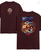 Oversized fit 260 GSM French Terry cotton t-shirt in maroon with Monkey D. Luffy artwork, part of LUUM’s Mugiwara Legends series. Part of DailyPrints Collection. Belief. Woven and Worn.