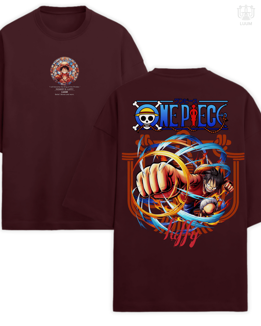 LUUM Regular fit 180 GSM SUPIMA Cotton t-shirt in maroon featuring Monkey D. Luffy design from LUUM’s Mugiwara Legends collection. Part of DailyPrints Collection. Belief. Woven and Worn.