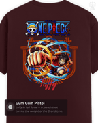 Full back design of maroon LUUM Luffy t-shirt with dynamic punching artwork and One Piece logo. Part of DailyPrints Collection. Belief. Woven and Worn.