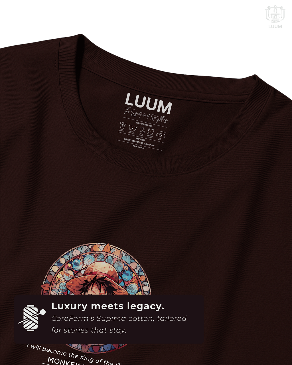 Fabric and print close-up of the LUUM Mugiwara Legends Luffy tee showing texture, colors, and intricate design quality. Part of DailyPrints Collection. Belief. Woven and Worn.