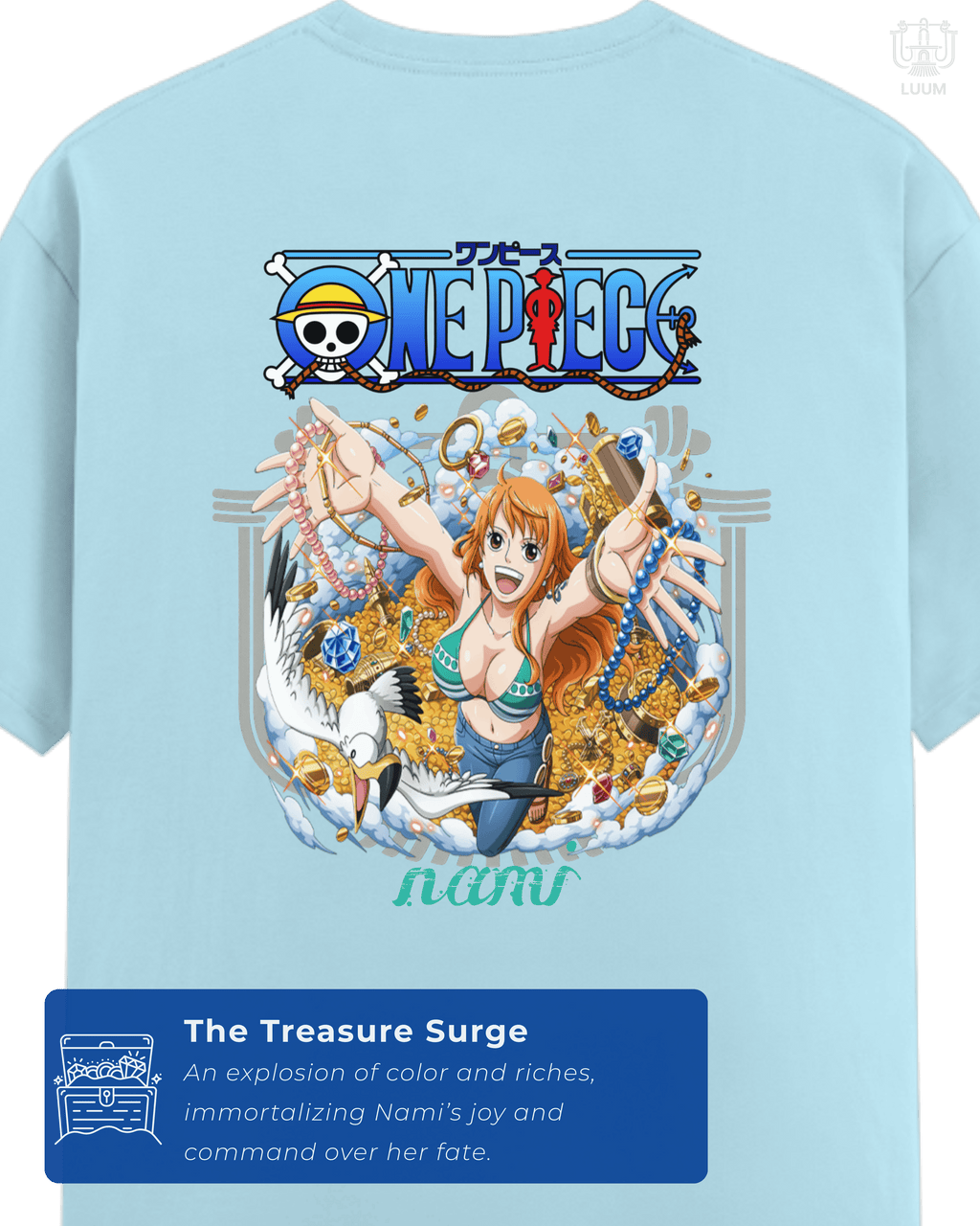 Back view of LUUM’s Mugiwara Legends: Nami t-shirt in Baby Blue, showcasing vibrant artwork of Nami with treasure and One Piece logo. Part of DailyPrints Collection. Belief. Woven and Worn.