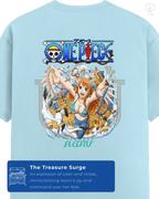 Back view of LUUM’s Mugiwara Legends: Nami t-shirt in Baby Blue, showcasing vibrant artwork of Nami with treasure and One Piece logo. Part of DailyPrints Collection. Belief. Woven and Worn.