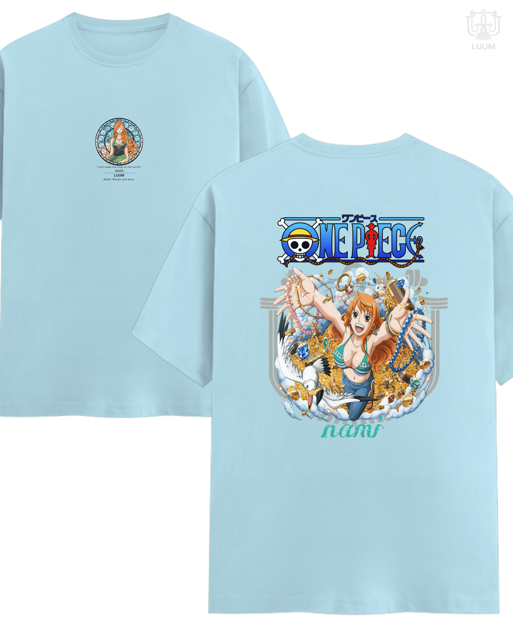 Regular fit 180 GSM Supima Cotton version of LUUM’s Mugiwara Legends: Nami t-shirt in Baby Blue. Part of DailyPrints Collection. Belief. Woven and Worn.