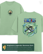 Cinematic hero mockup of the LUUM Mugiwara Legends: Roronoa Zoro t-shirt in Jade, showcasing both front stained-glass vow design and back dynamic sword illustration. Part of DailyPrints Collection. Belief. Woven and Worn.