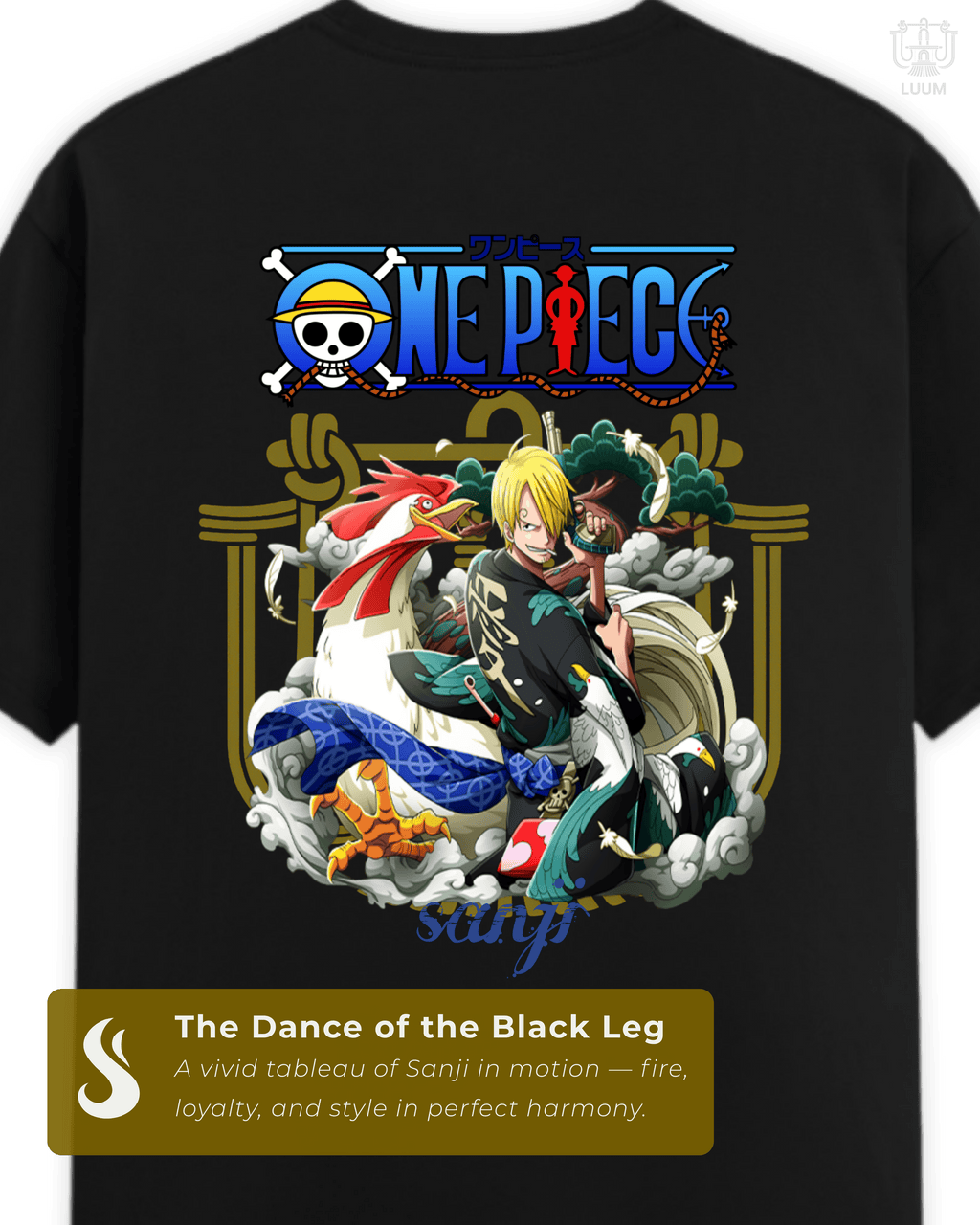 Back view of the LUUM Mugiwara Legends: Vinsmoke Sanji t-shirt, showcasing Sanji’s dynamic One Piece artwork in full detail. Part of DailyPrints Collection. Belief. Woven and Worn.
