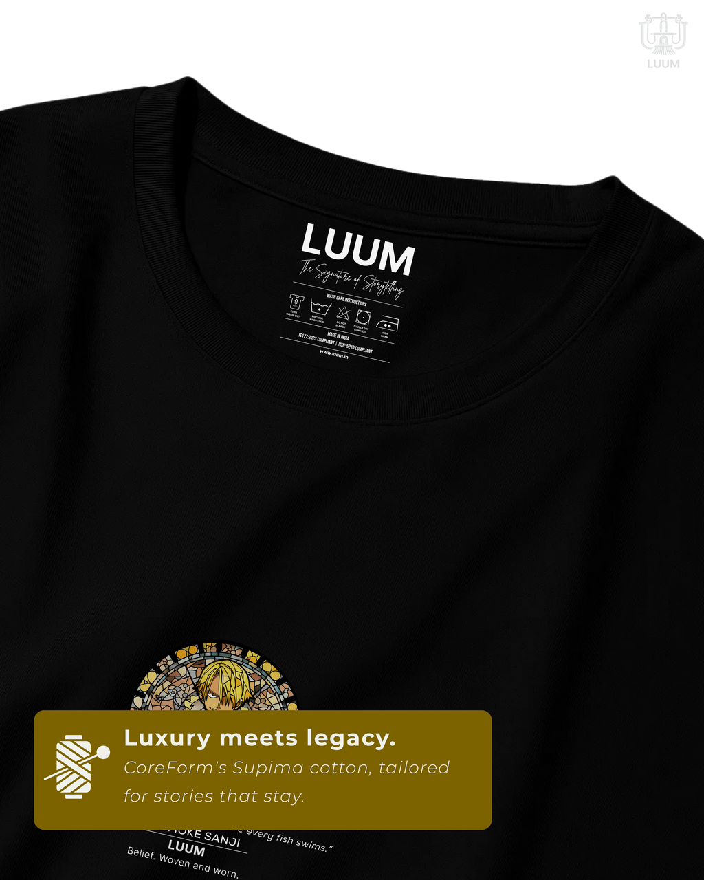 Closeup of the Mugiwara Legends Vinsmoke Sanji t-shirt design, highlighting fine print detail and fabric texture. Part of DailyPrints Collection. Belief. Woven and Worn.