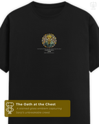 Front view of the LUUM Mugiwara Legends: Vinsmoke Sanji black t-shirt, featuring the stained-glass emblem and Sanji’s vow. Part of DailyPrints Collection. Belief. Woven and Worn.